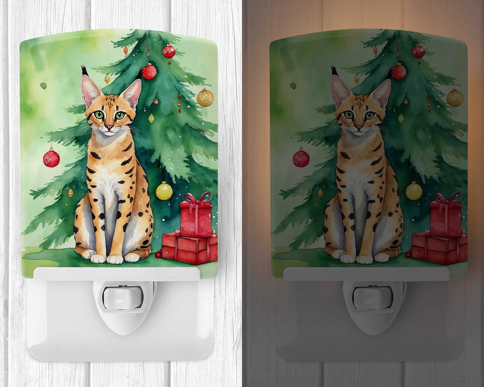 Buy this Serengeti Cat By the Christmas Tree Ceramic Night Light