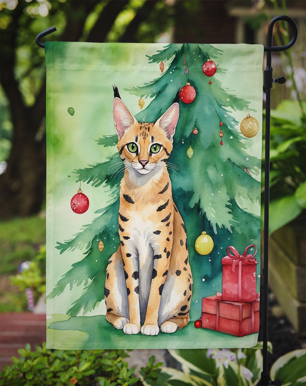 Serengeti Cat By the Christmas Tree Garden Flag