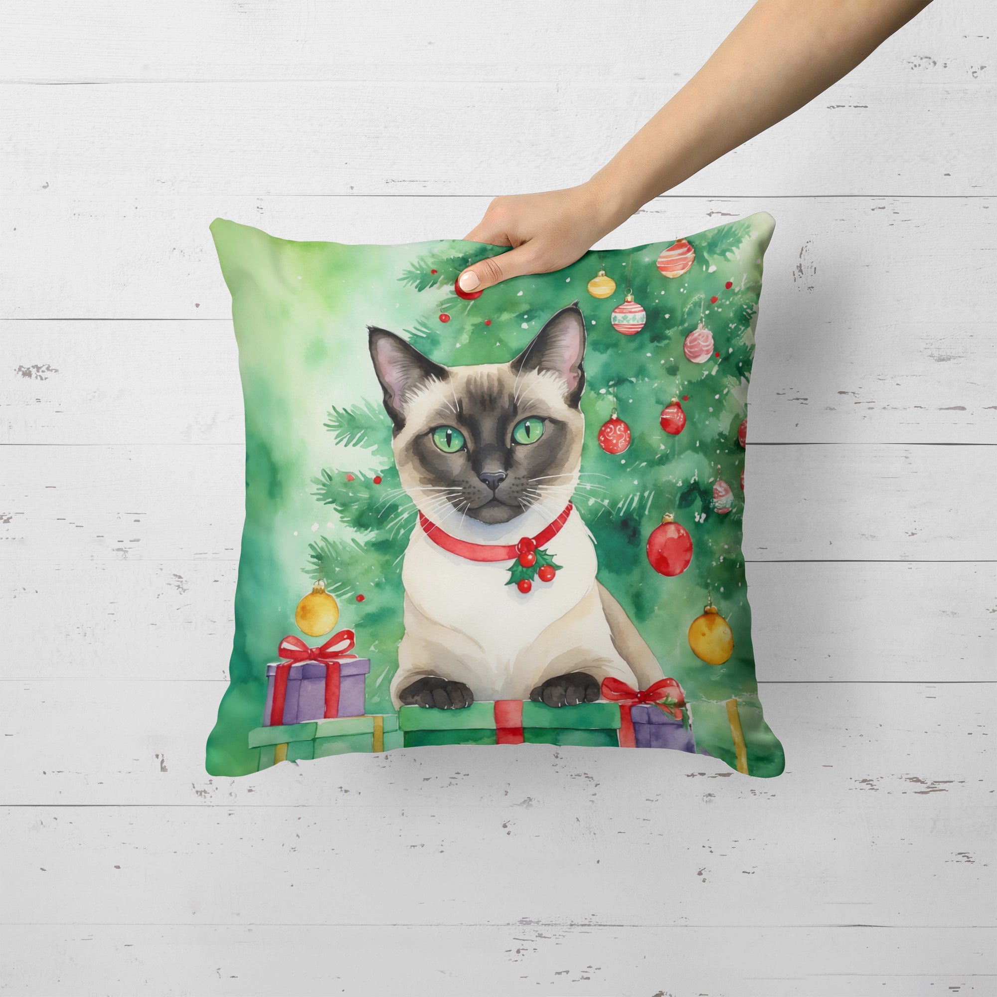 Siamese Cat By the Christmas Tree Throw Pillow