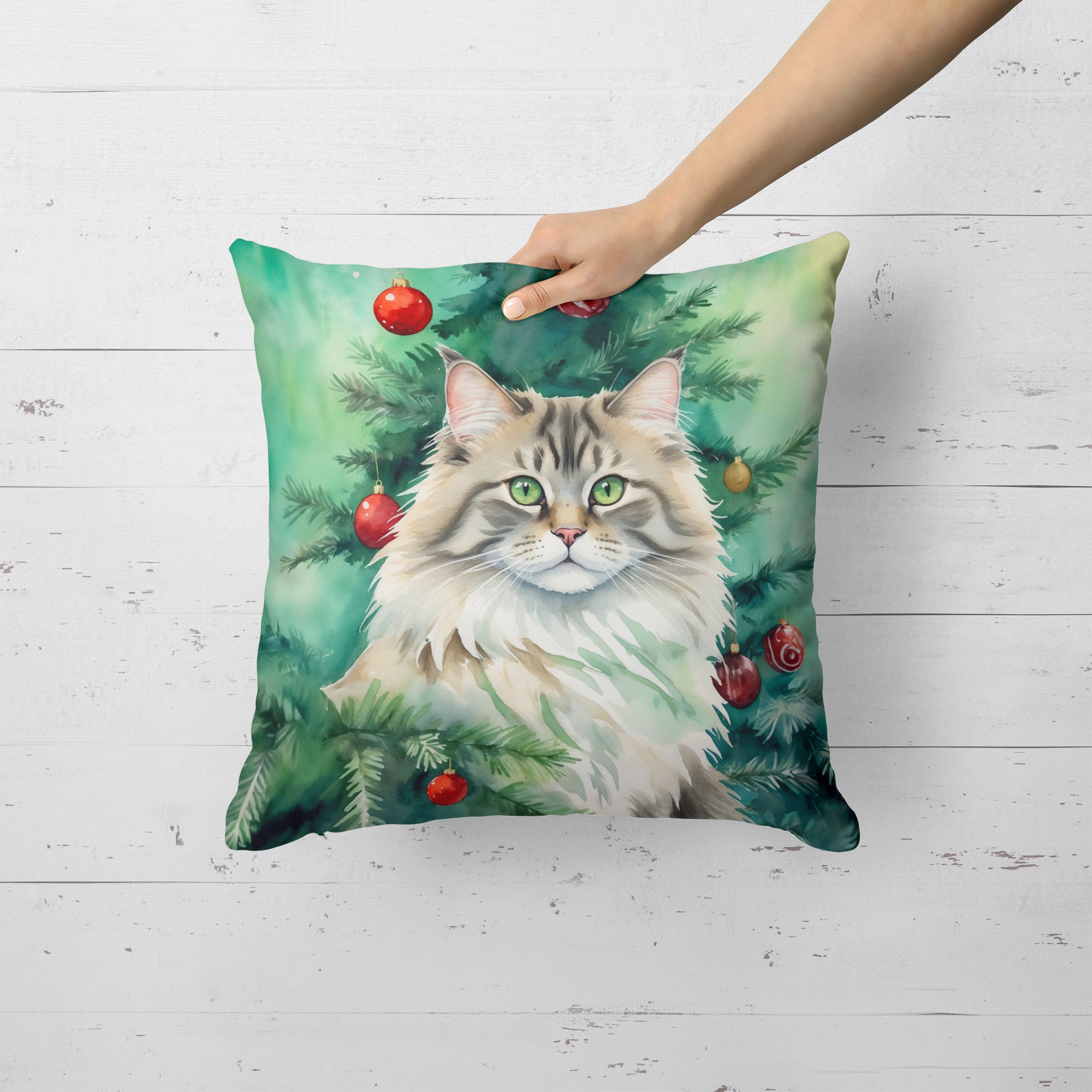 Siberian Cat By the Christmas Tree Throw Pillow