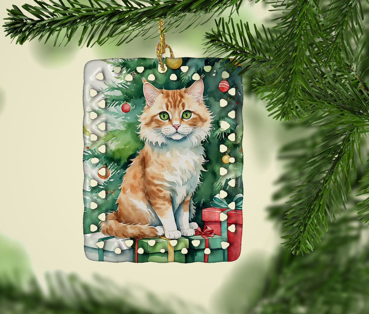 Buy this Skookum Cat By the Christmas Tree Porcelain Ornament