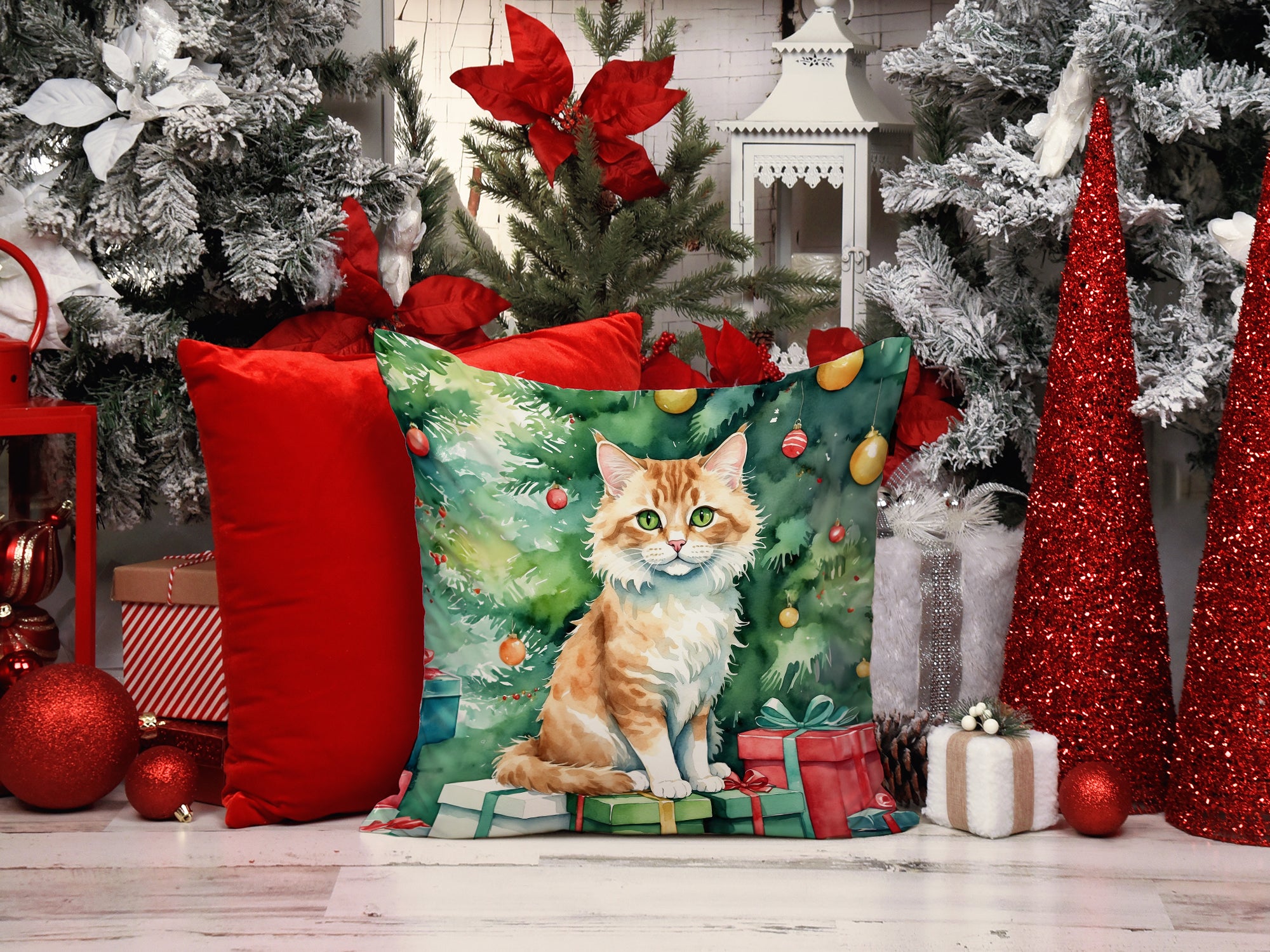 Skookum Cat By the Christmas Tree Throw Pillow