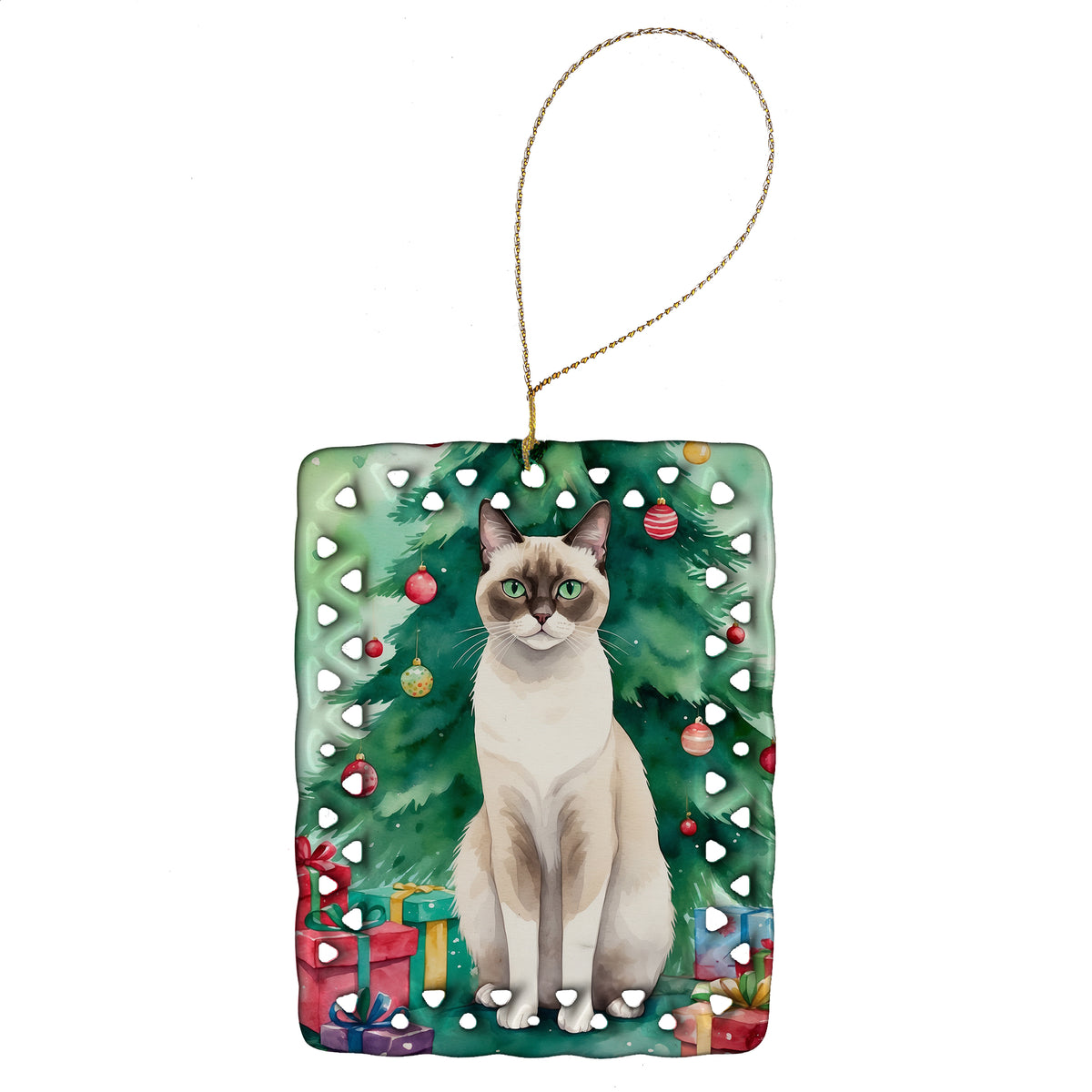 Buy this Snowshoe Cat By the Christmas Tree Porcelain Ornament