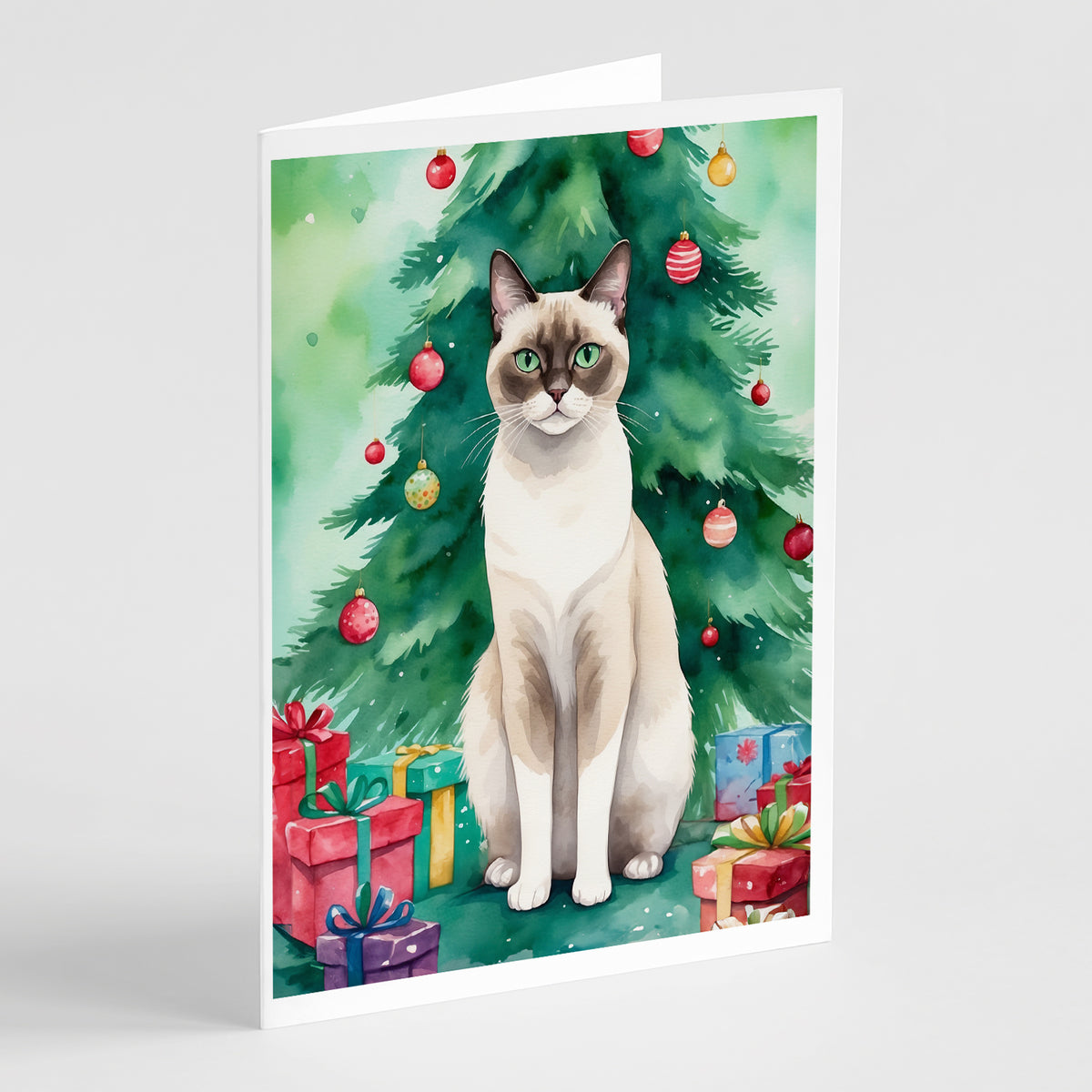 Buy this Snowshoe Cat By the Christmas Tree Greeting Cards Pack of 8