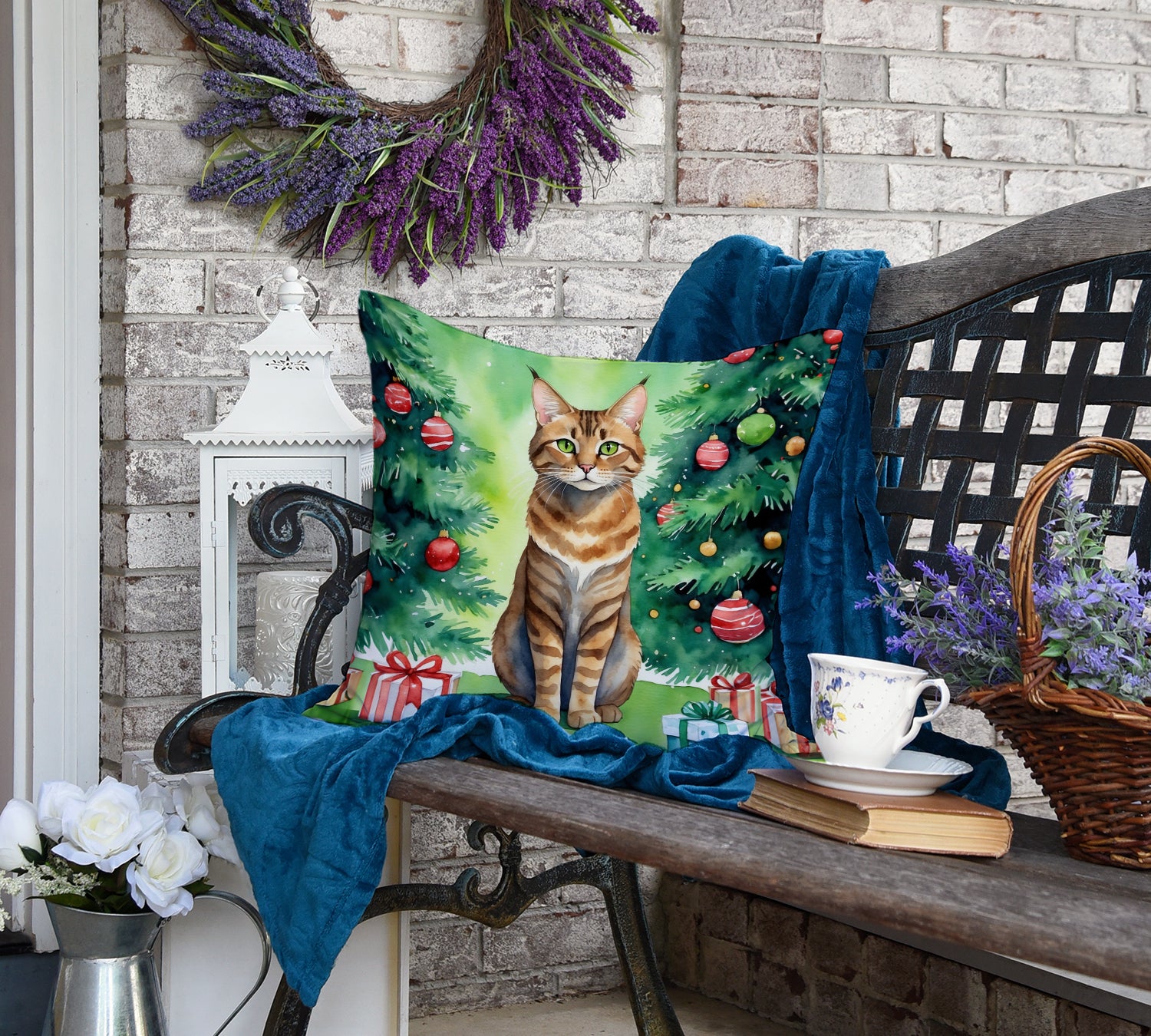 Sokoke Cat By the Christmas Tree Throw Pillow