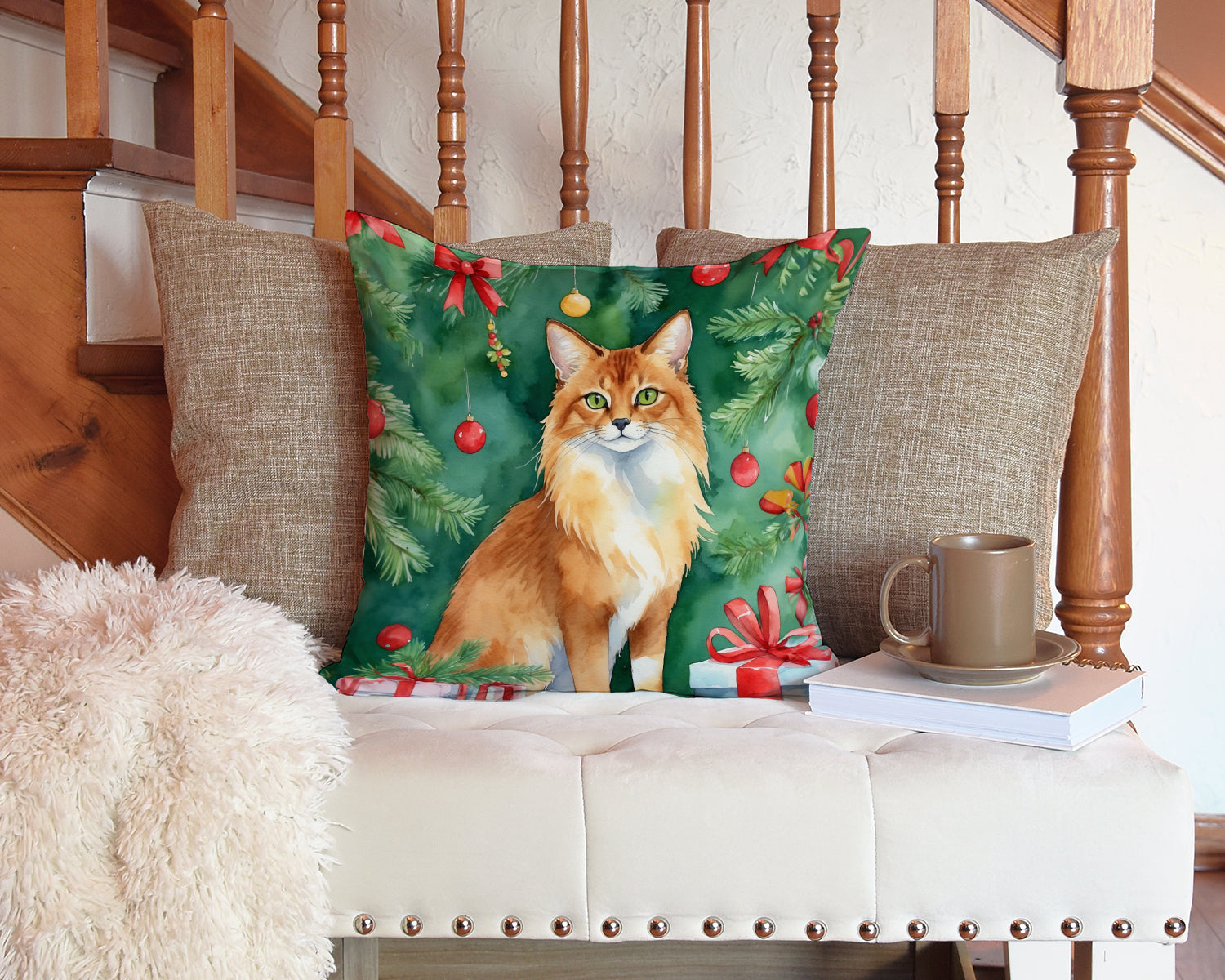 Somali Cat By the Christmas Tree Throw Pillow