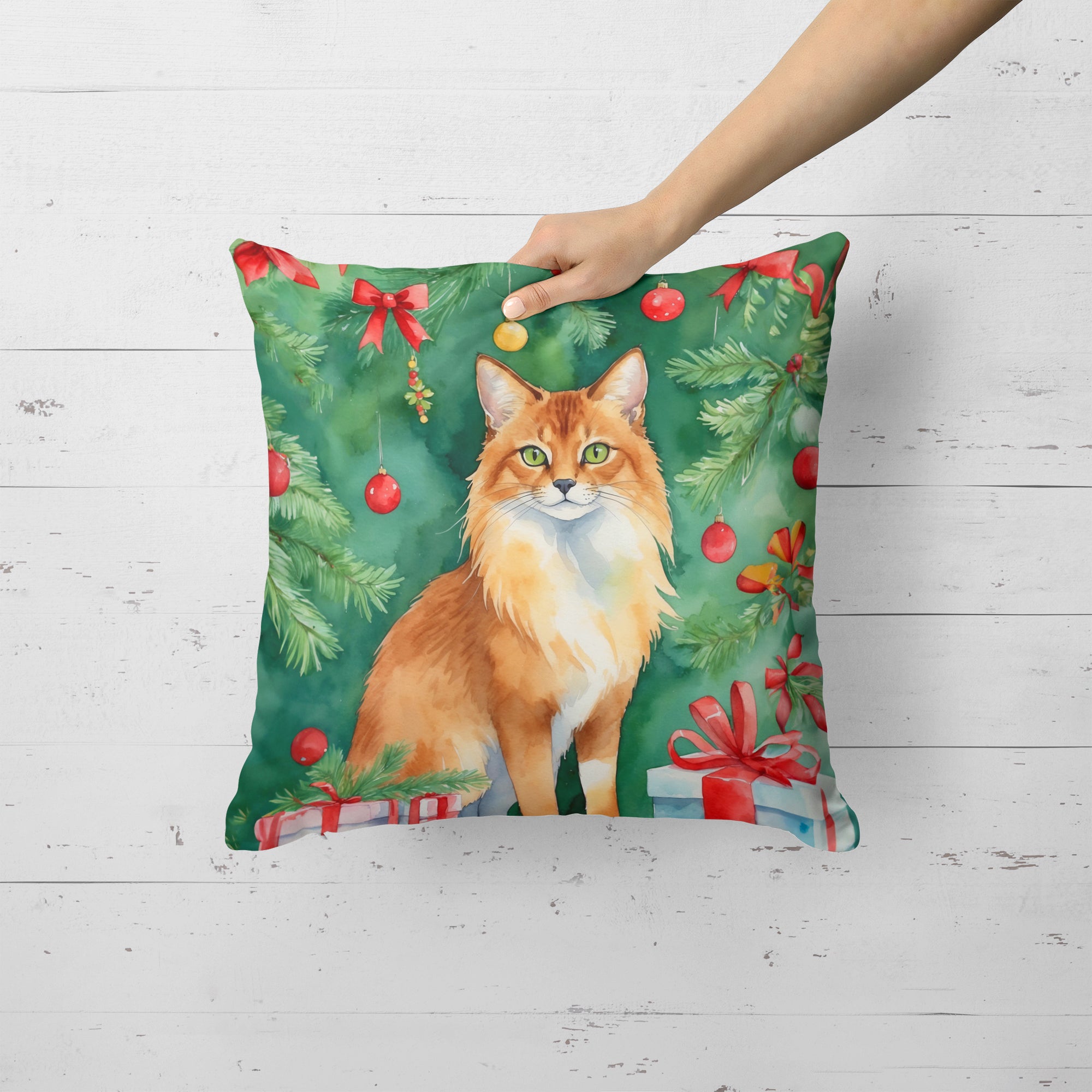 Somali Cat By the Christmas Tree Throw Pillow