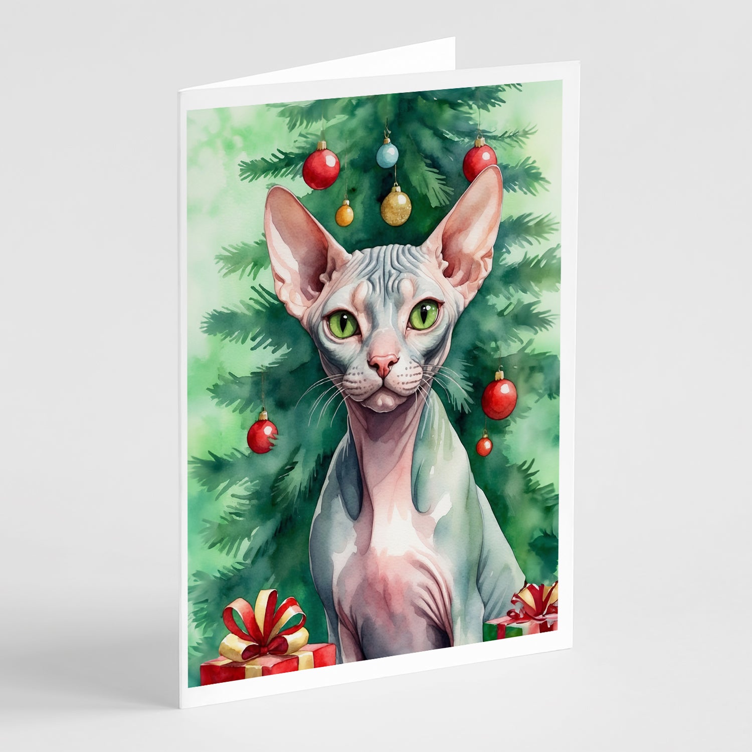 Buy this Sphynx Cat By the Christmas Tree Greeting Cards Pack of 8