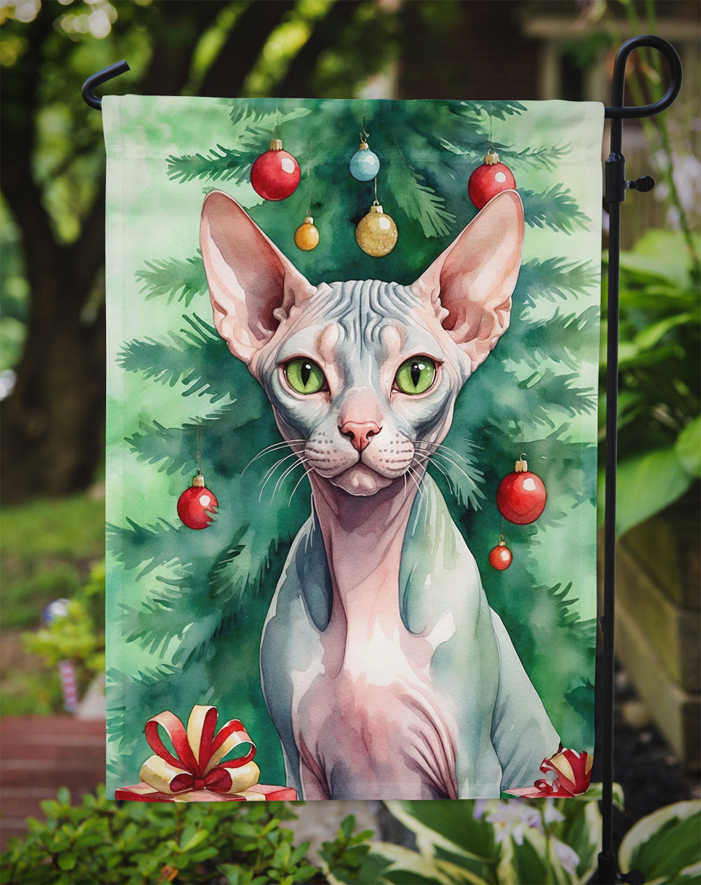 Sphynx Cat By the Christmas Tree Garden Flag