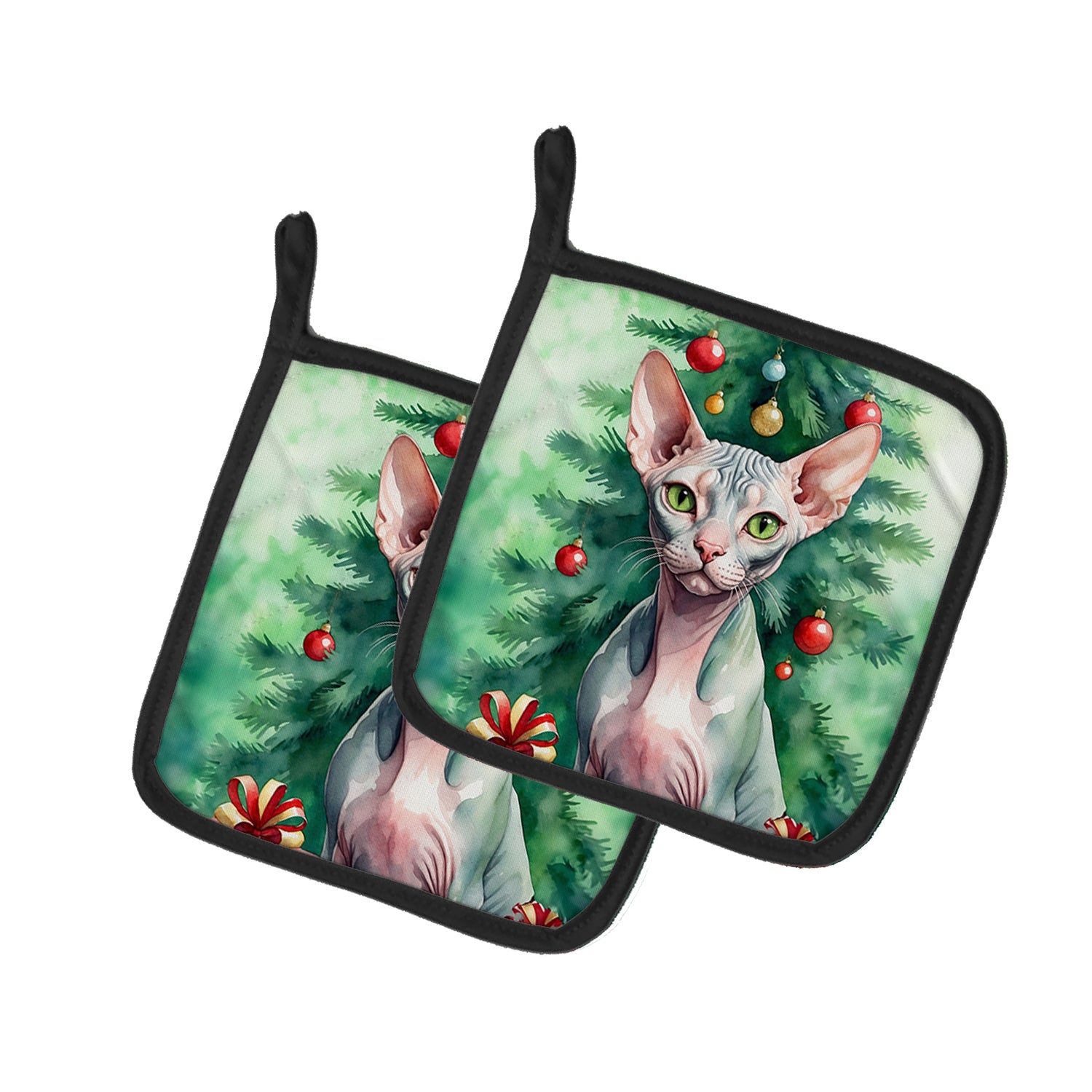 Buy this Sphynx Cat By the Christmas Tree Pair of Pot Holders