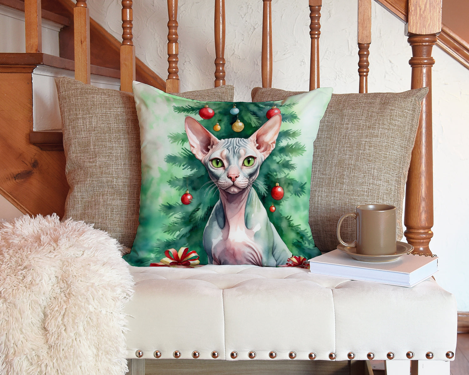 Sphynx Cat By the Christmas Tree Throw Pillow