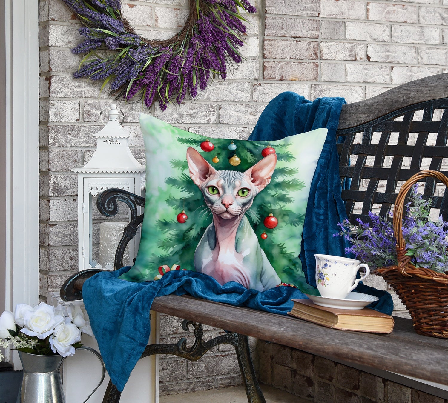 Sphynx Cat By the Christmas Tree Throw Pillow