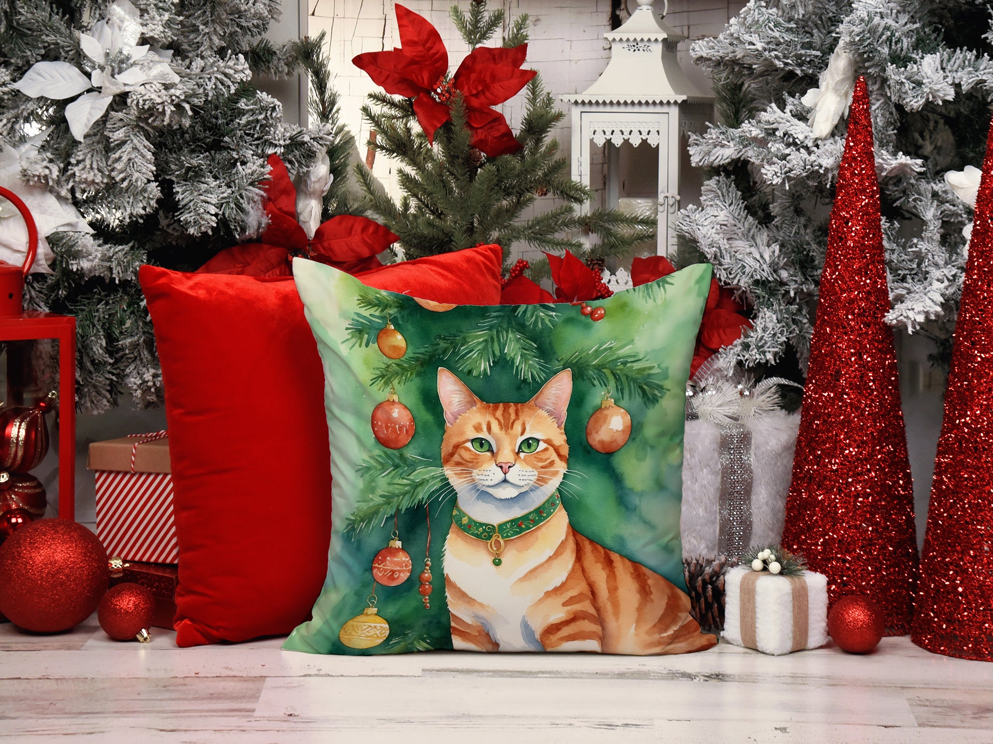 Buy this Suphalak Cat By the Christmas Tree Throw Pillow