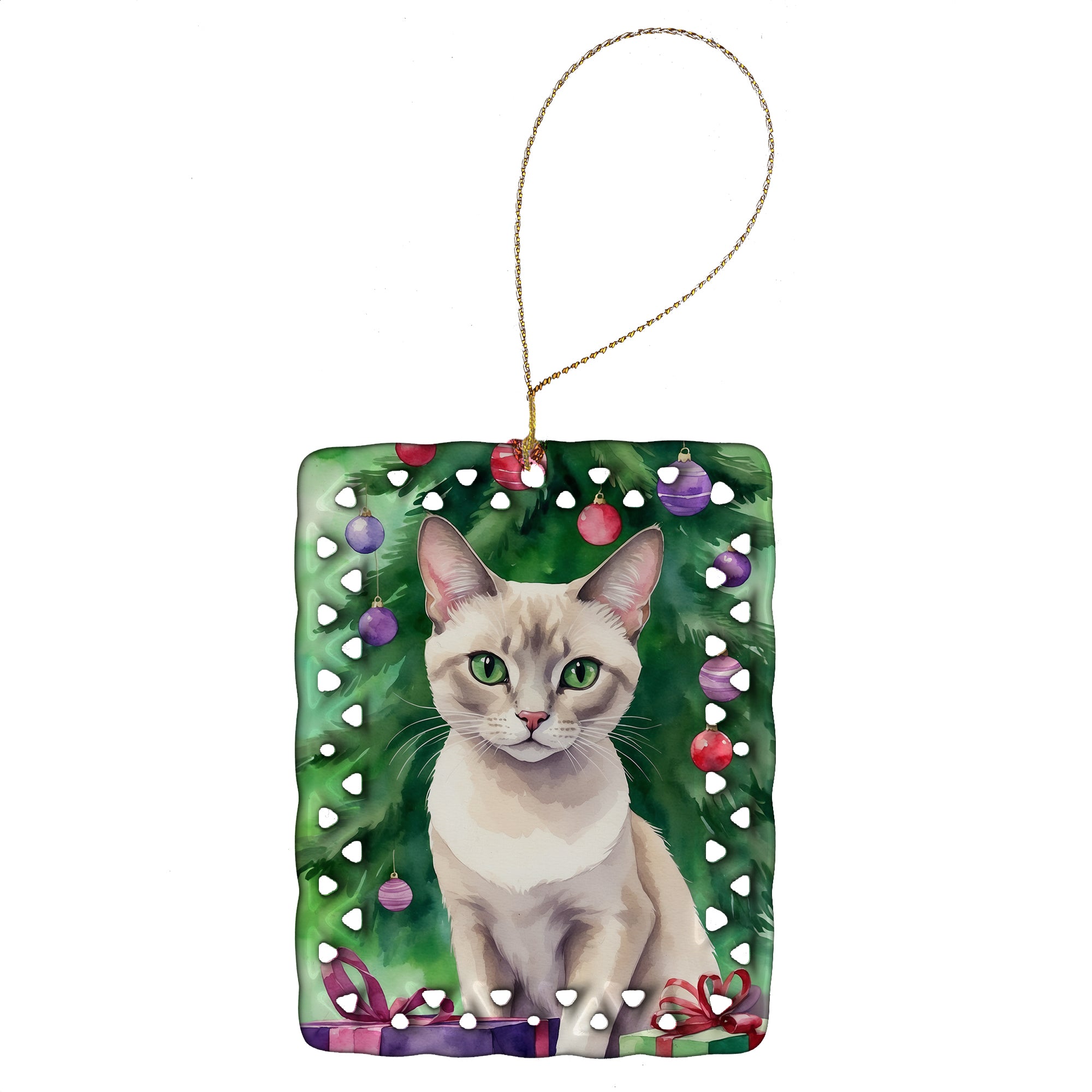 Buy this Thai Lilac Cat By the Christmas Tree Porcelain Ornament