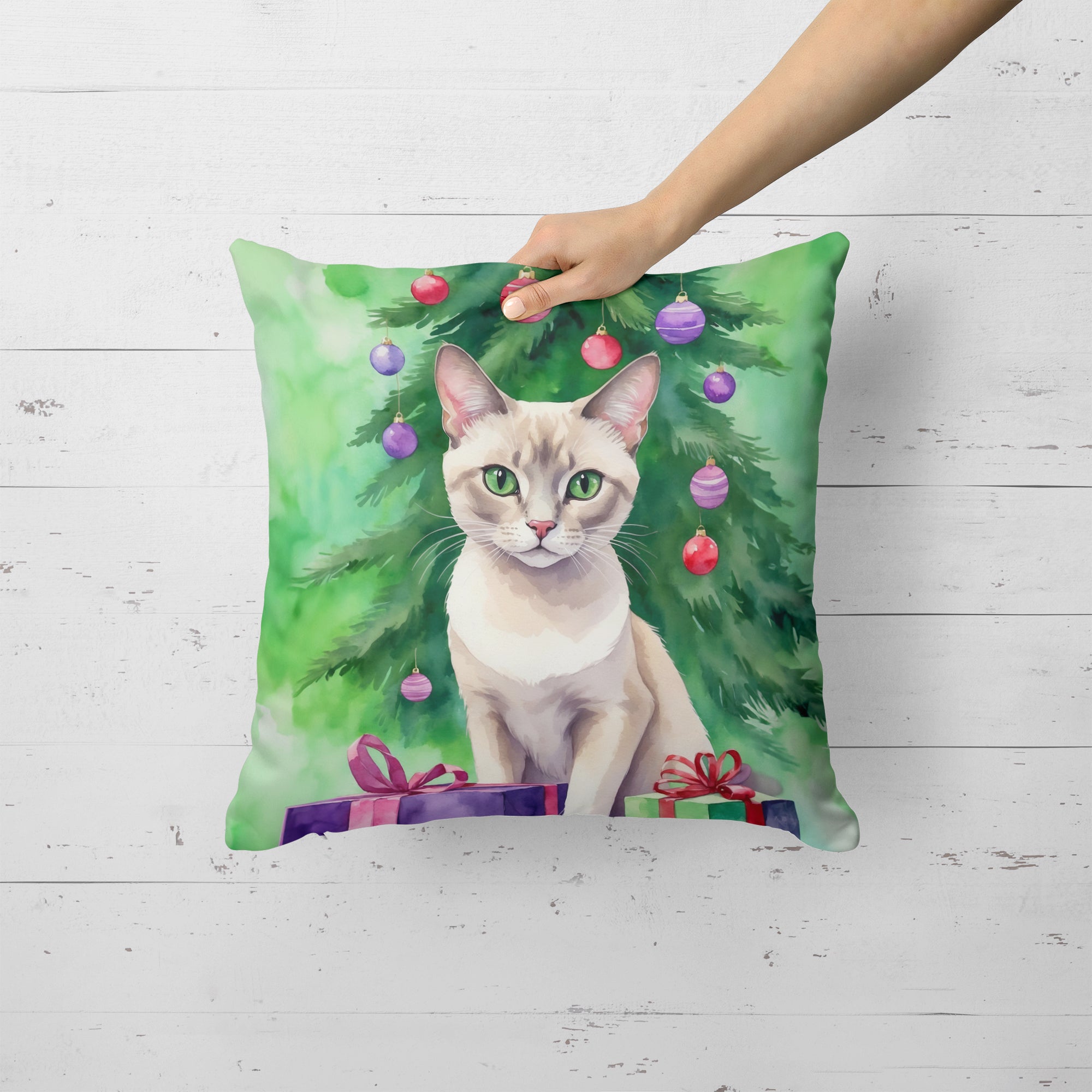 Thai Lilac Cat By the Christmas Tree Throw Pillow