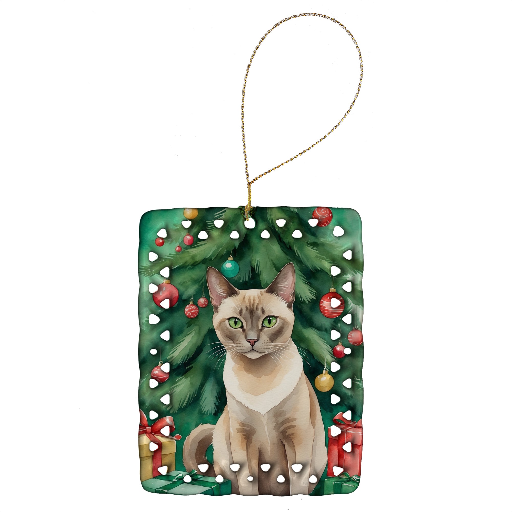 Buy this Tonkinese Cat By the Christmas Tree Porcelain Ornament