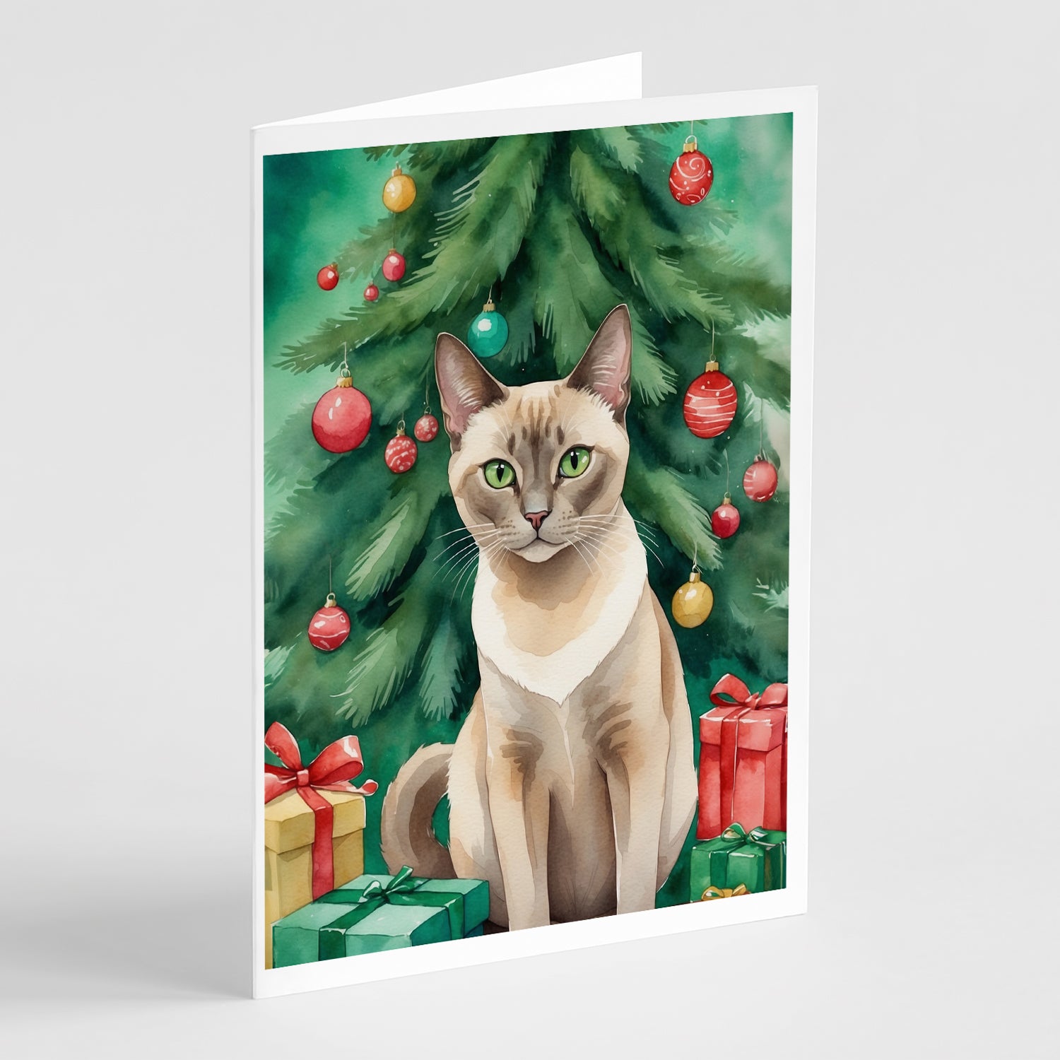 Buy this Tonkinese Cat By the Christmas Tree Greeting Cards Pack of 8