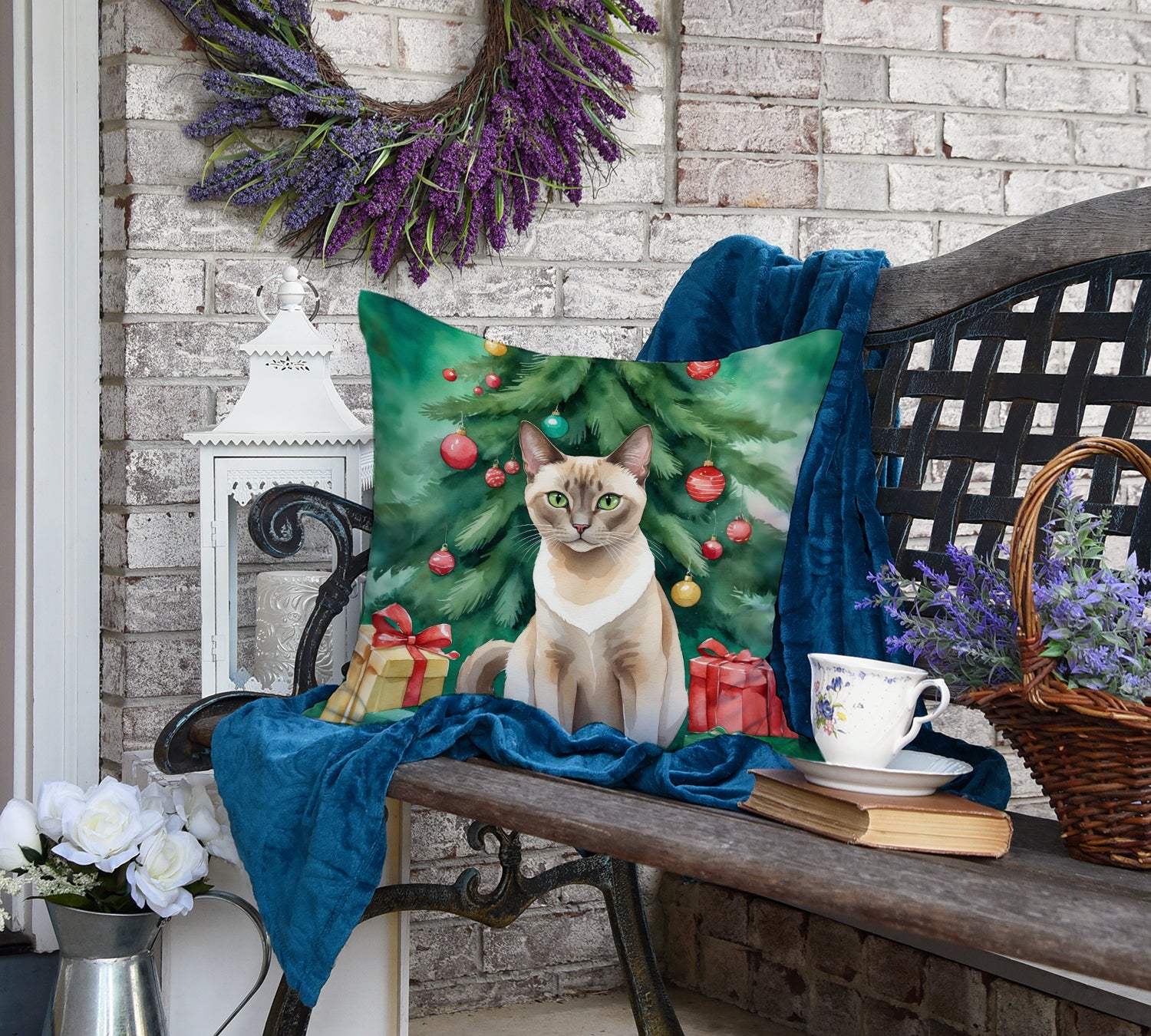 Tonkinese Cat By the Christmas Tree Throw Pillow