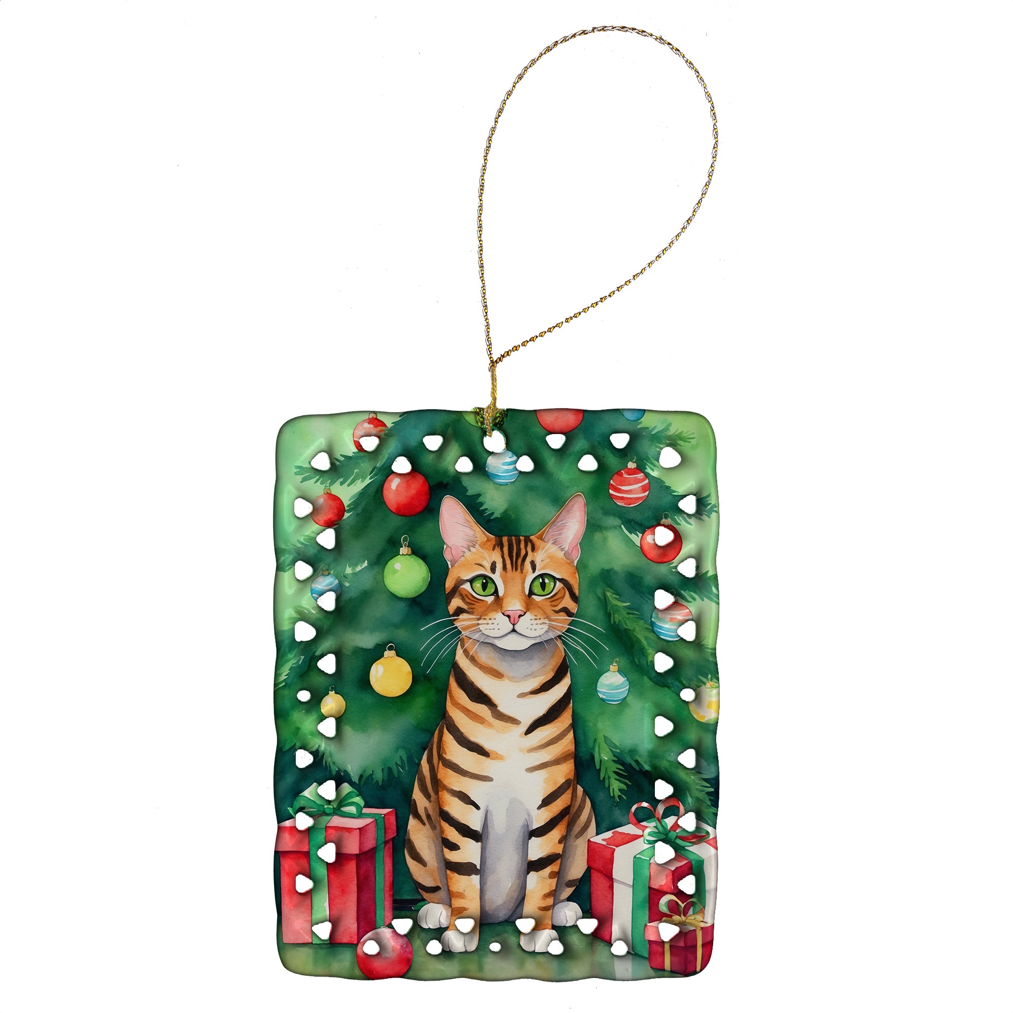 Buy this Toyger Cat By the Christmas Tree Porcelain Ornament