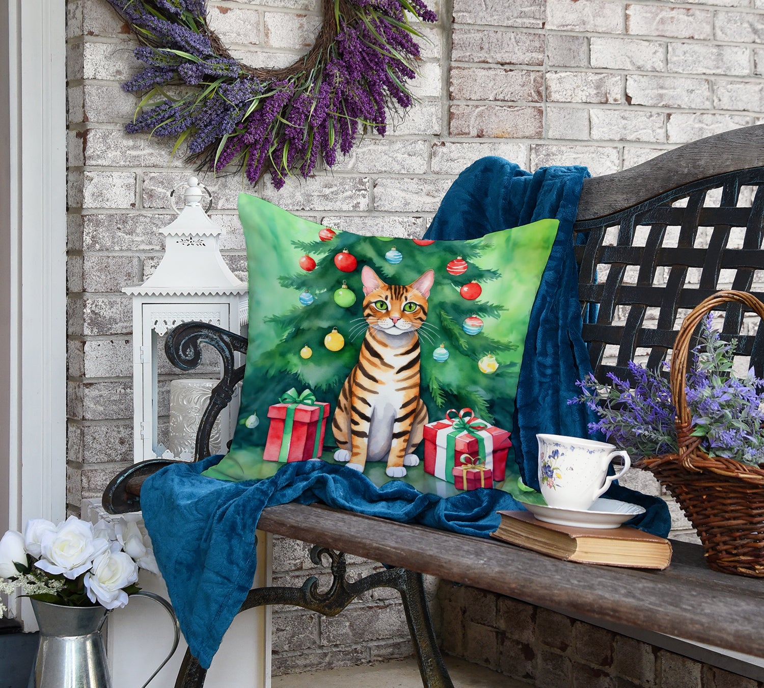 Toyger Cat By the Christmas Tree Throw Pillow