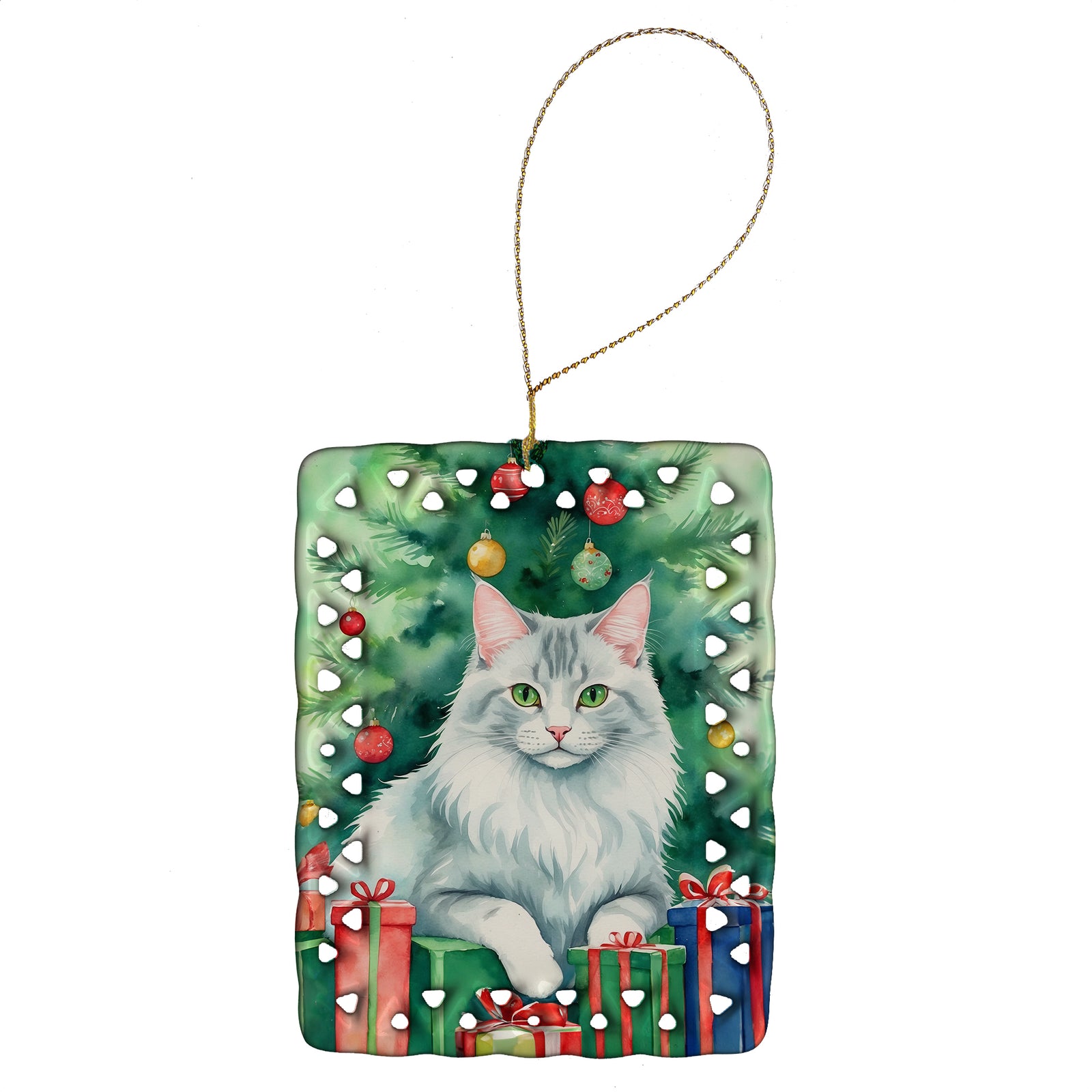 Buy this Turkish Angora Cat By the Christmas Tree Porcelain Ornament