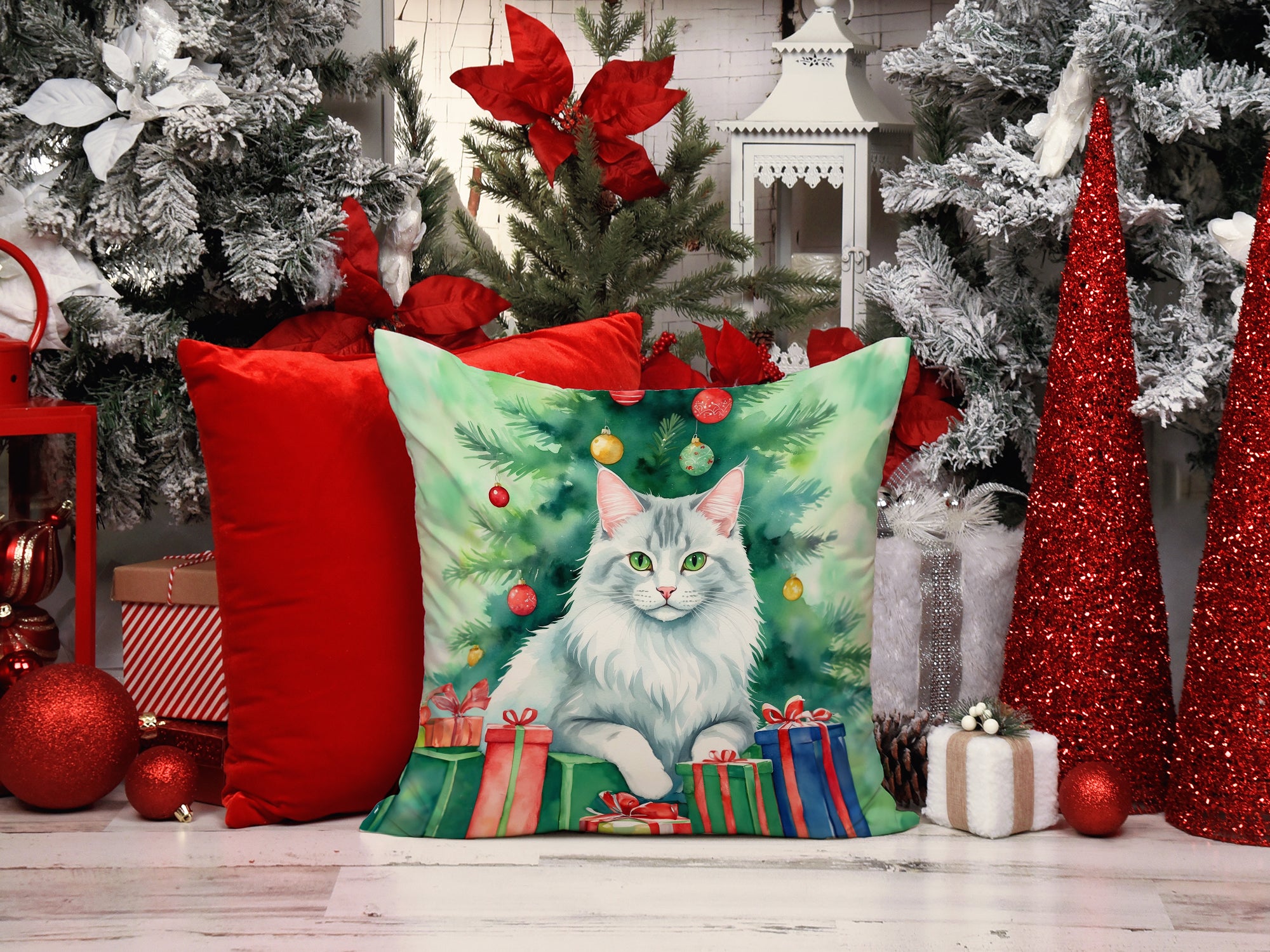 Buy this Turkish Angora Cat By the Christmas Tree Throw Pillow