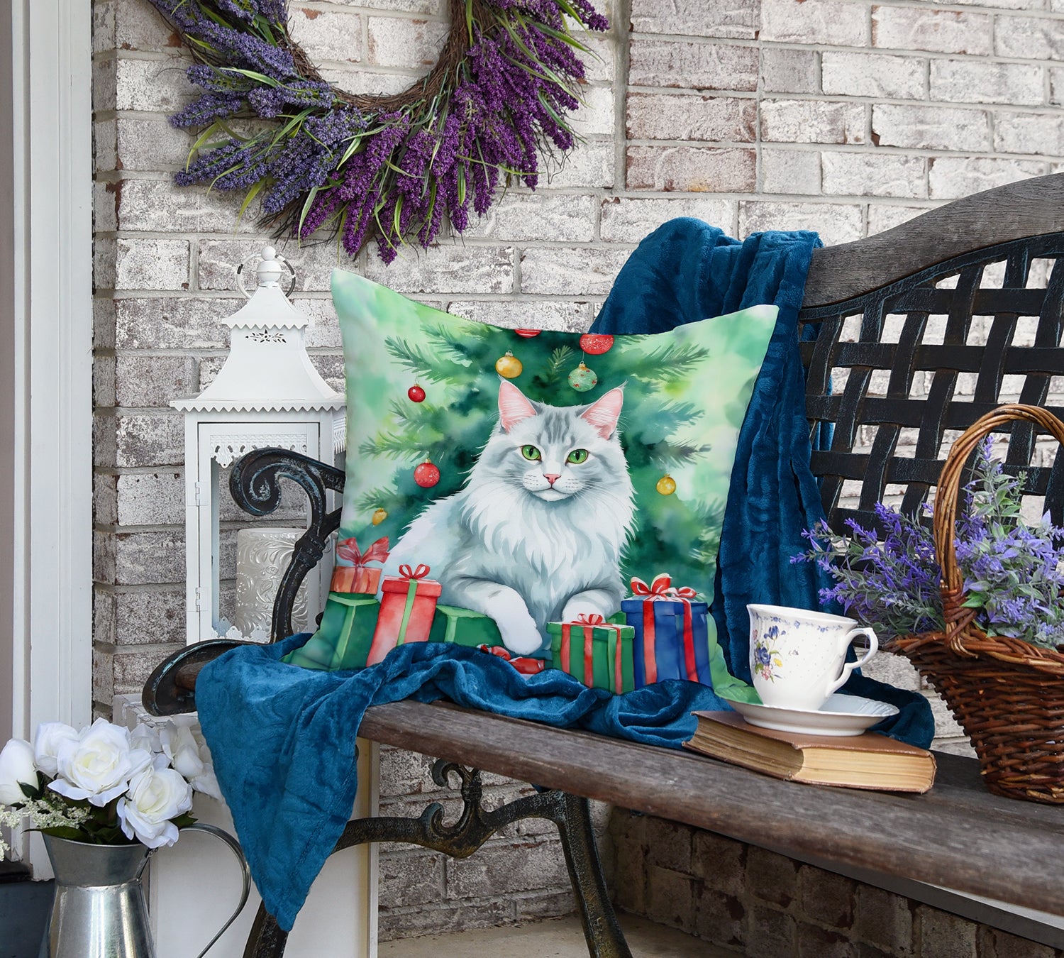 Turkish Angora Cat By the Christmas Tree Throw Pillow