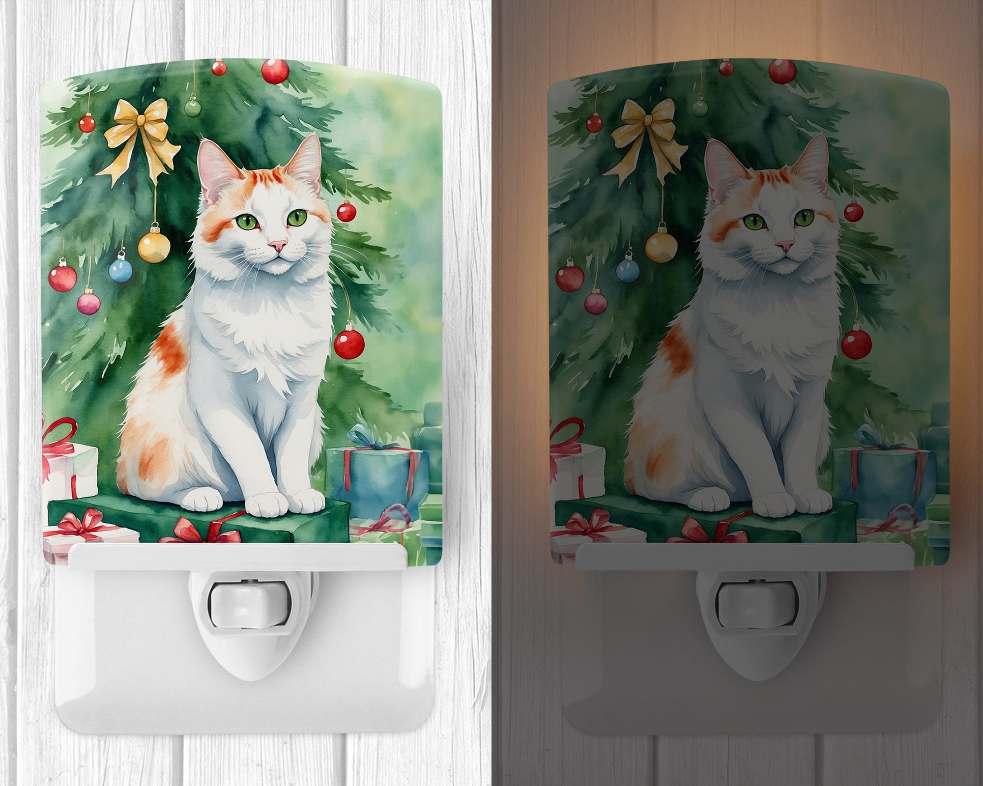 Buy this Turkish Van Cat By the Christmas Tree Ceramic Night Light