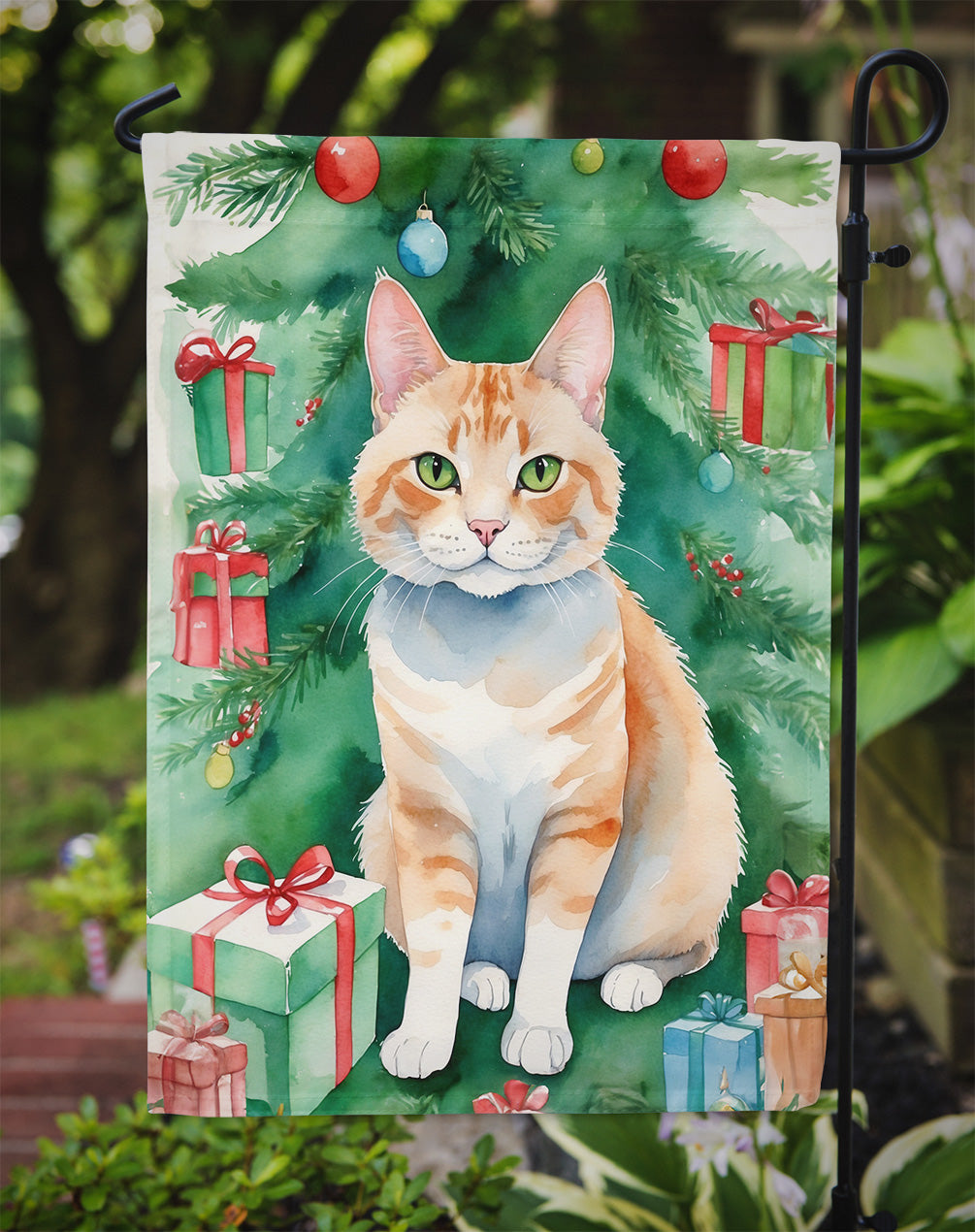 Ural Rex Cat By the Christmas Tree Garden Flag