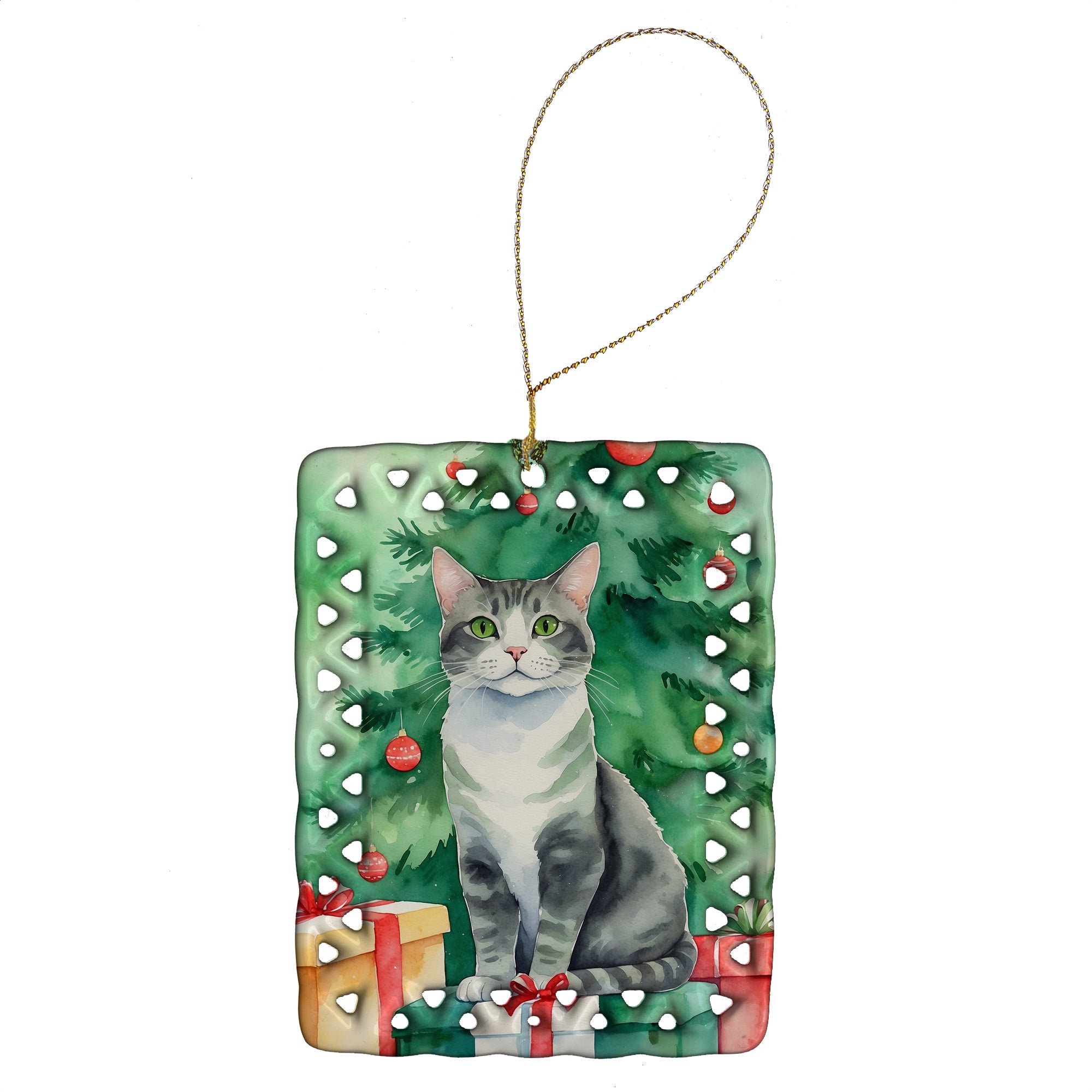 Buy this Ural Rex Cat By the Christmas Tree Porcelain Ornament