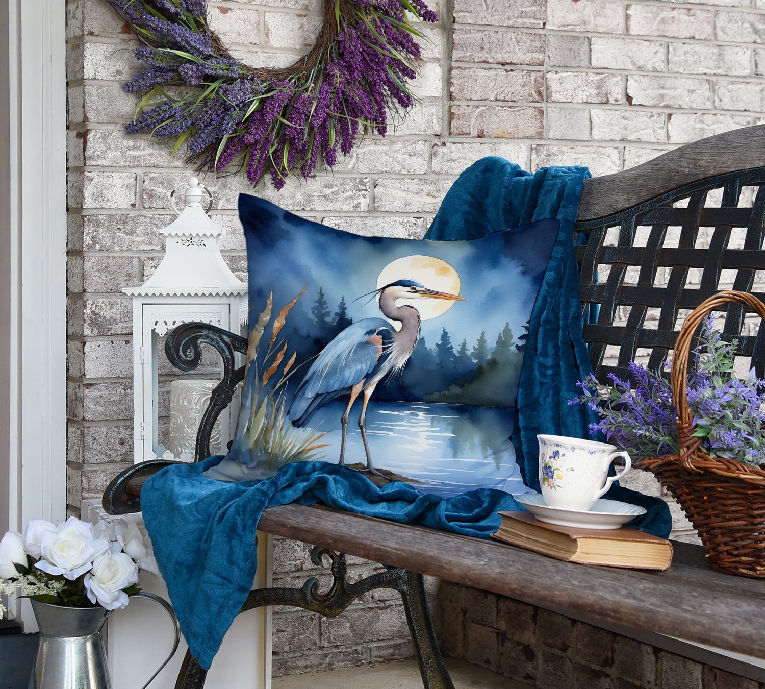 Blue Heron Under the Moonlight Throw Pillow