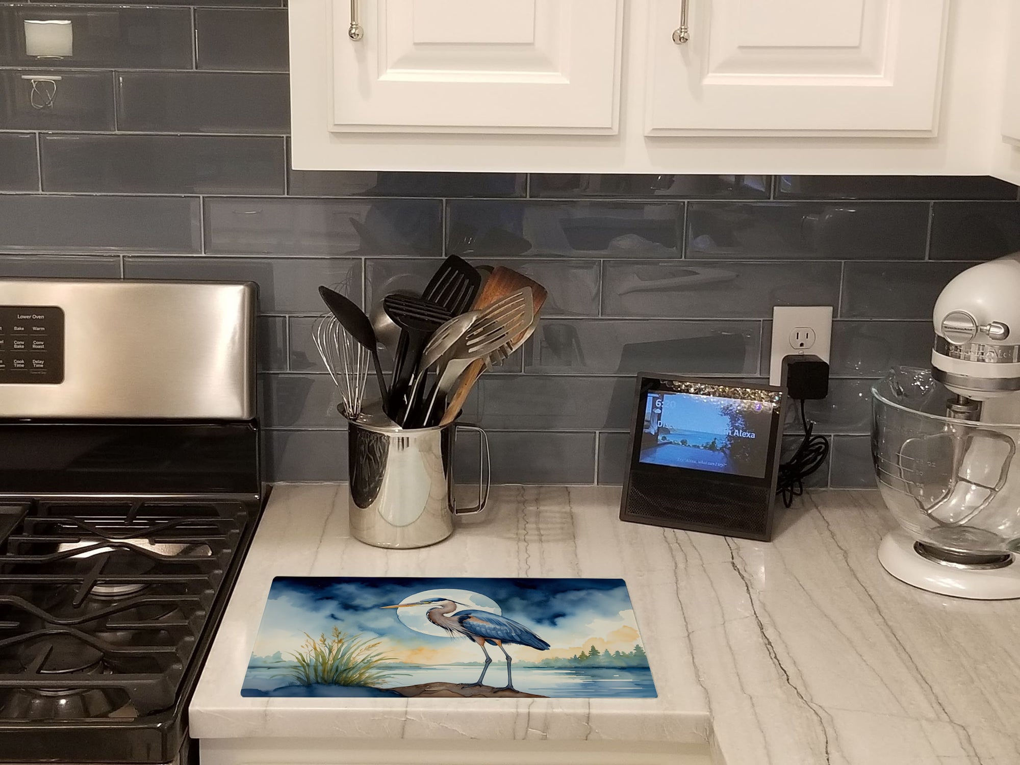 Buy this Blue Heron Under the Moonlight Glass Cutting Board