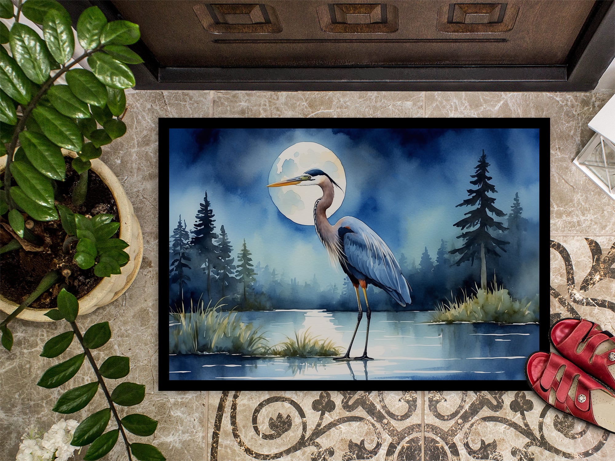 Blue Heron Under the Moonlight Doormat