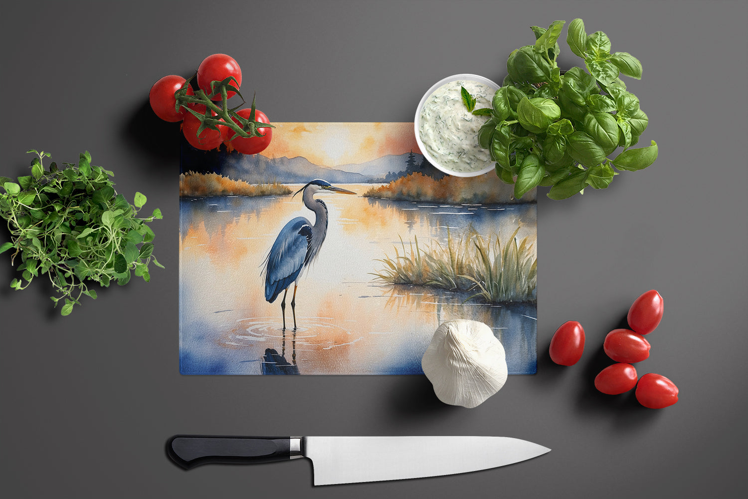 Blue Heron in the Golden Hour Glass Cutting Board