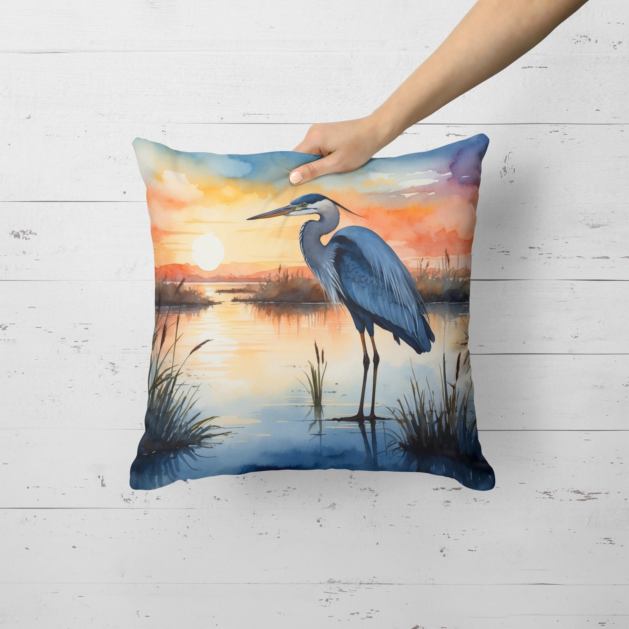 Blue Heron Setting Sun Throw Pillow