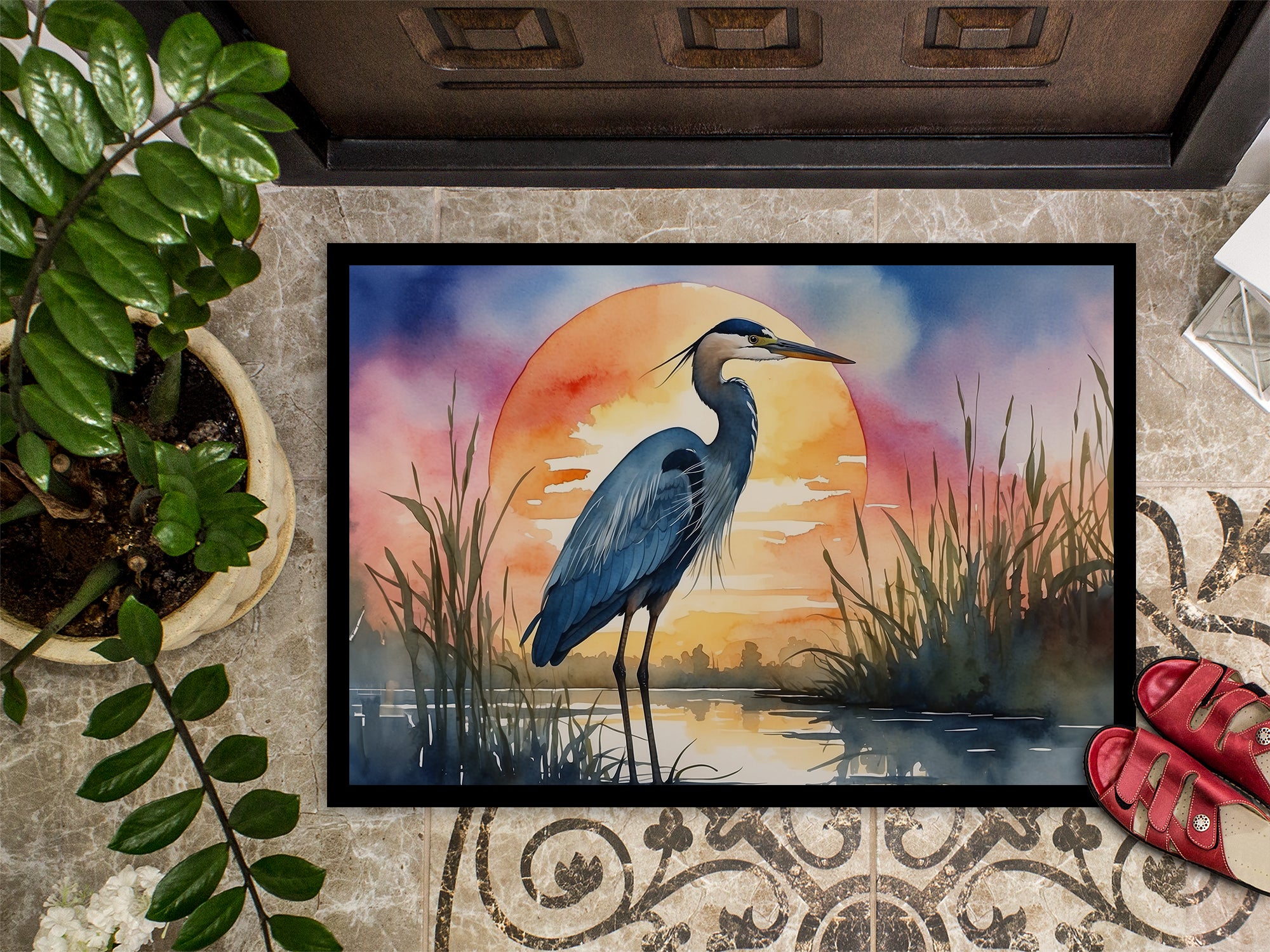 Blue Heron Setting Sun Doormat