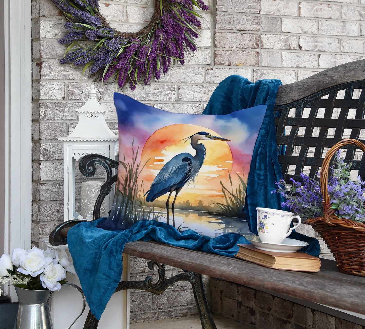 Blue Heron Setting Sun Throw Pillow