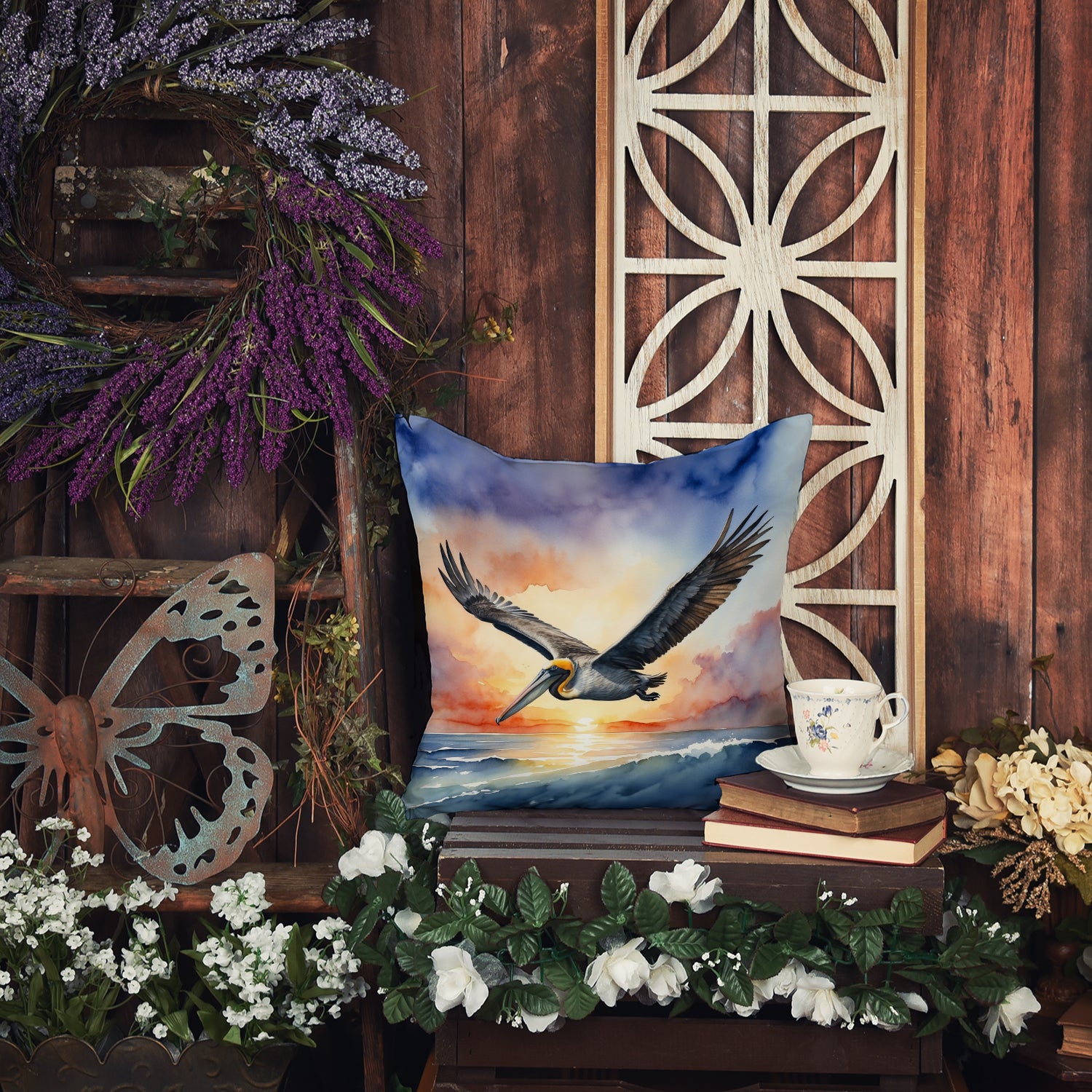 Pelican Fyling at Sunrise Throw Pillow