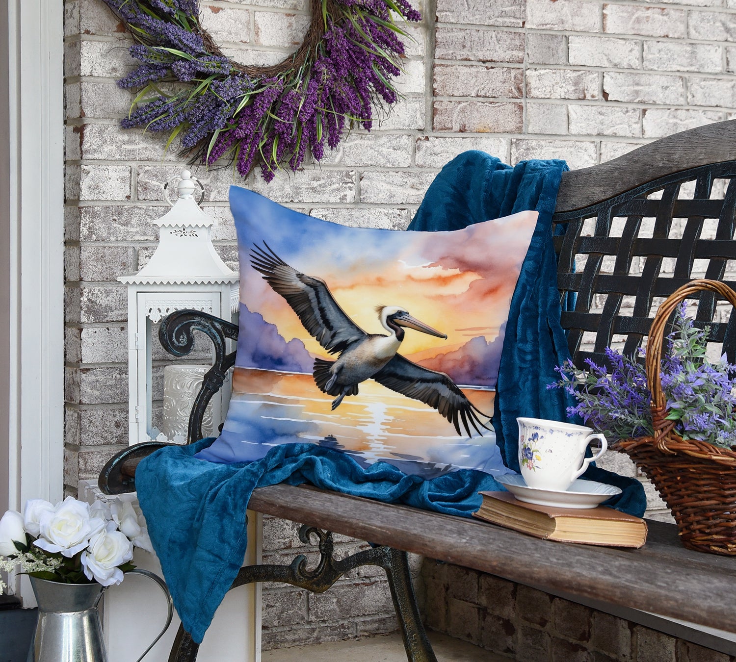 Pelican Fyling at Sunrise Throw Pillow