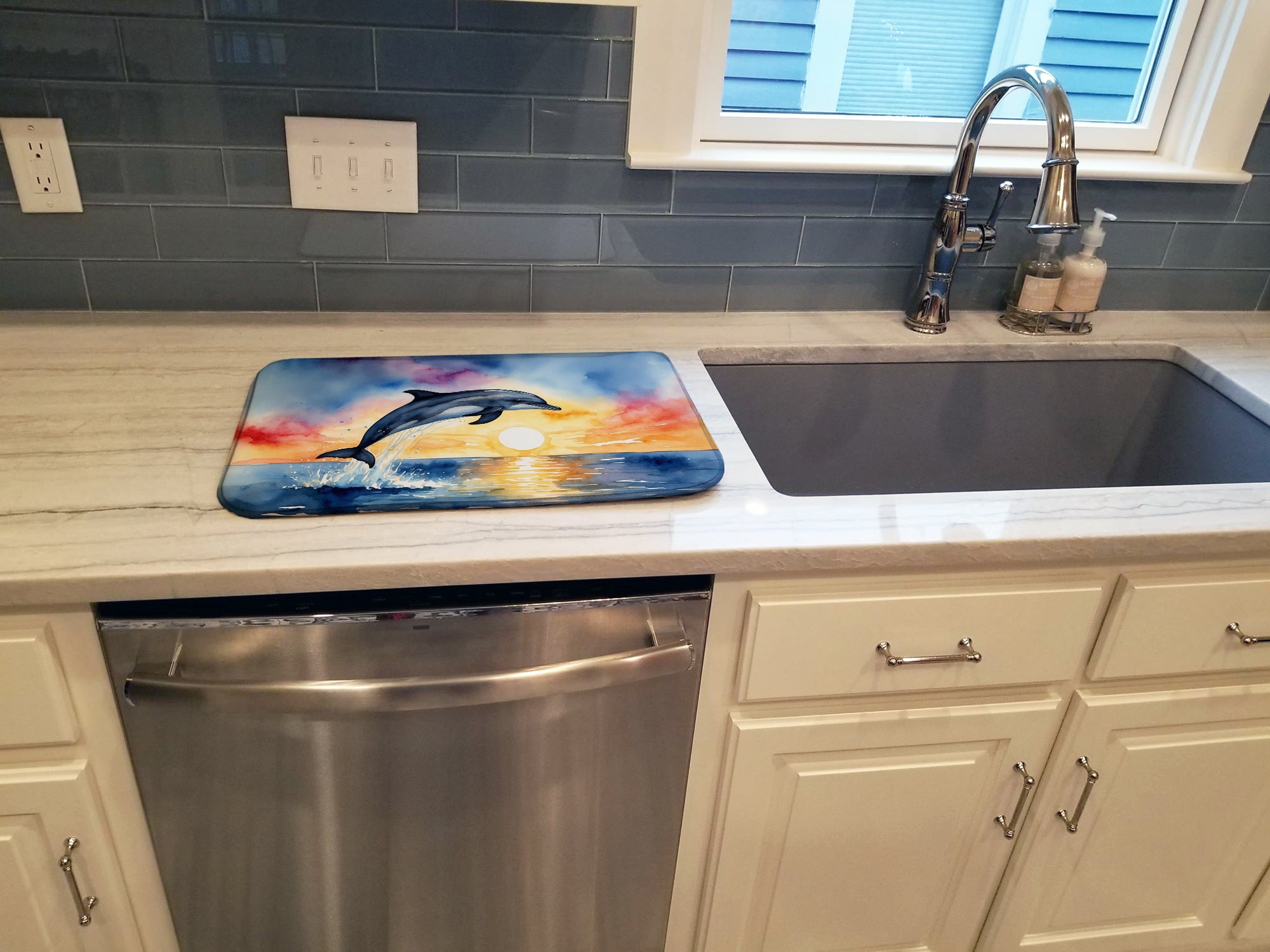 Dolphin Leaping at Sunrise Dish Drying Mat