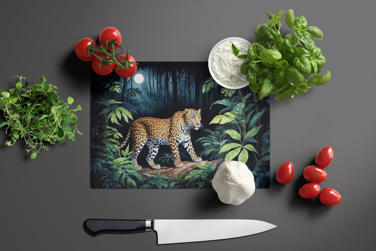 Leopard Nighttime in the Jungle Glass Cutting Board