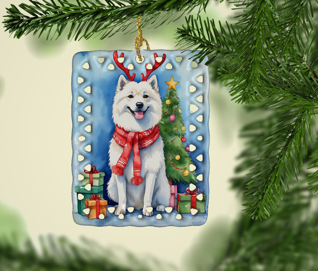 Buy this American Eskimo Christmas Reindeer Porcelain Ornament