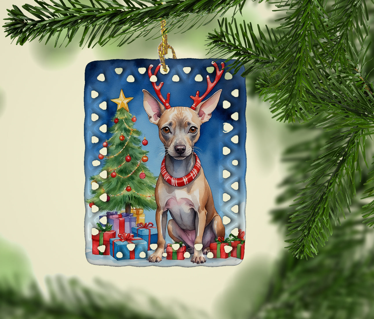 Buy this American Hairless Terrier Christmas Reindeer Porcelain Ornament