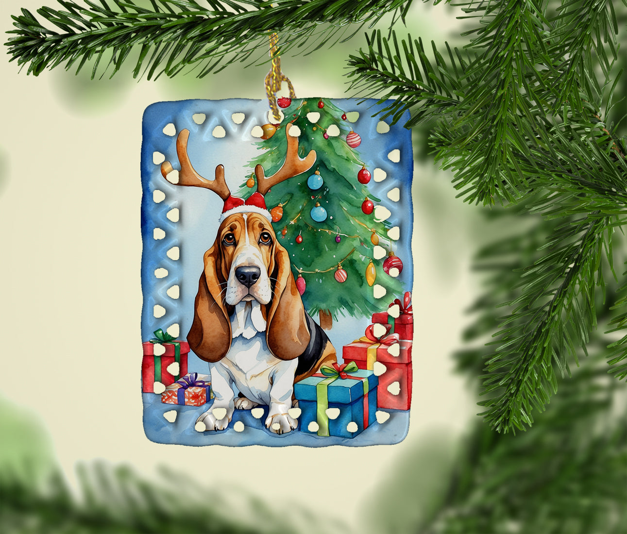 Buy this Basset Hound Christmas Reindeer Porcelain Ornament