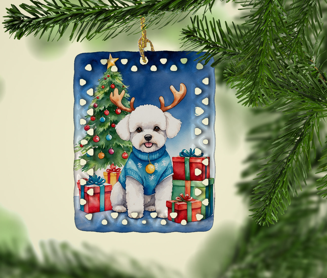 Buy this Bichon Frise Christmas Reindeer Porcelain Ornament