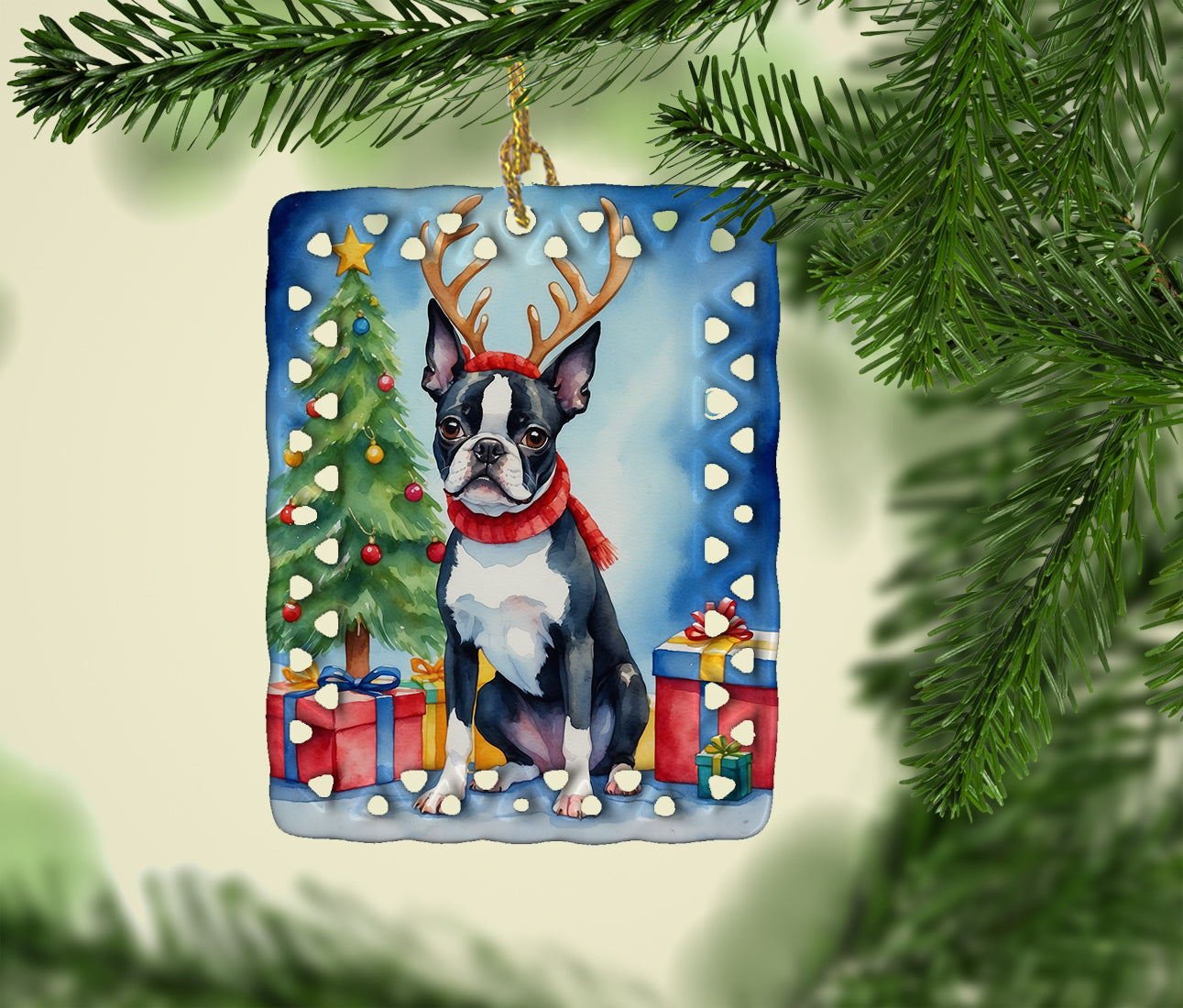 Buy this Boston Terrier Christmas Reindeer Porcelain Ornament