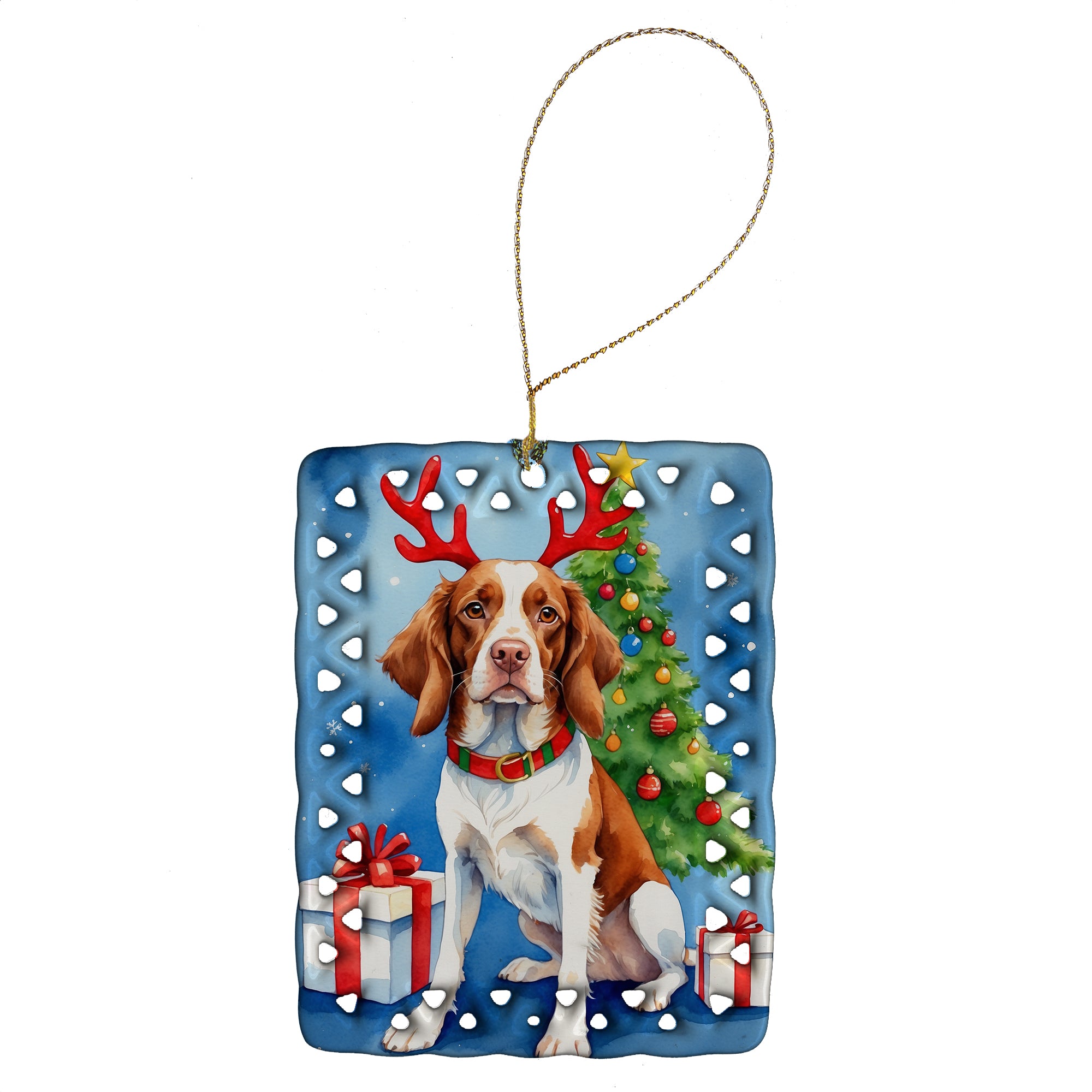 Buy this Brittany Spaniel Christmas Reindeer Porcelain Ornament