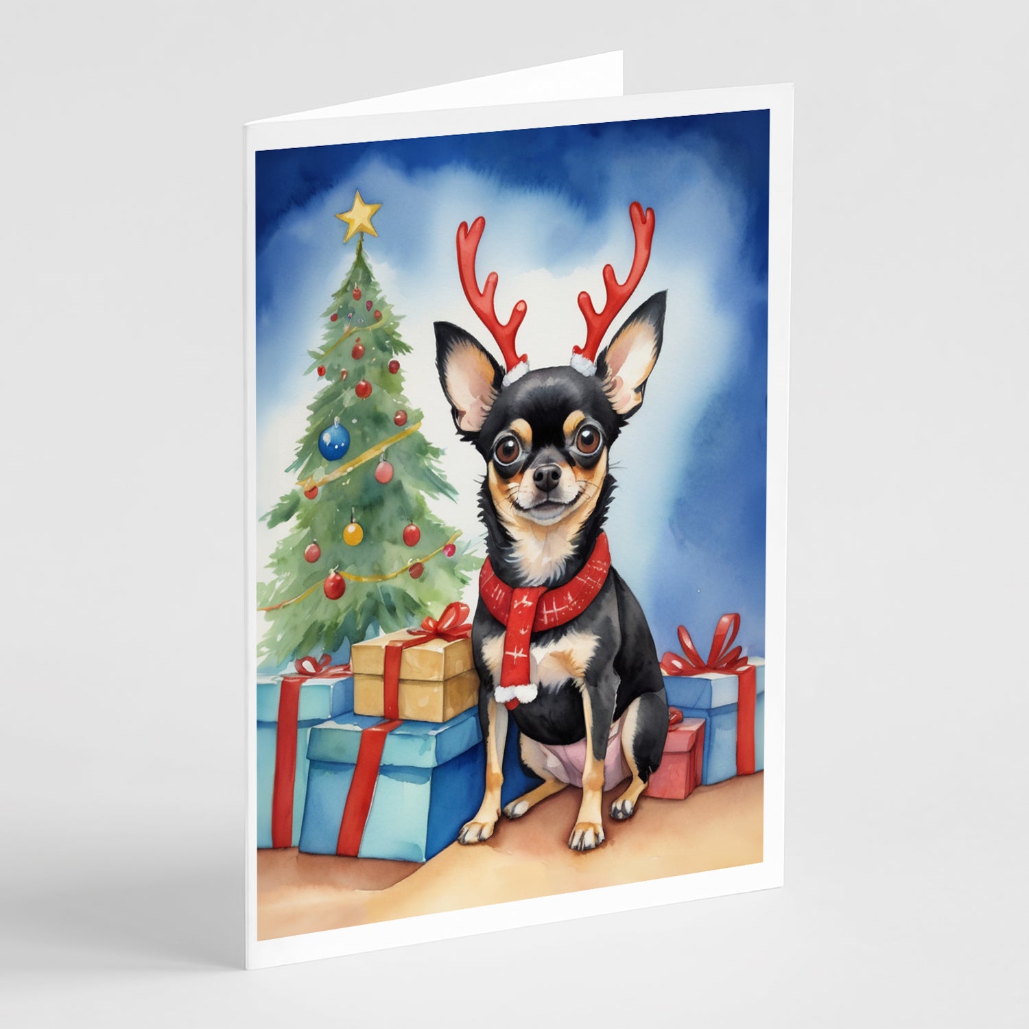 Buy this Black and Tan Chihuahua Christmas Reindeer Greeting Cards Pack of 8