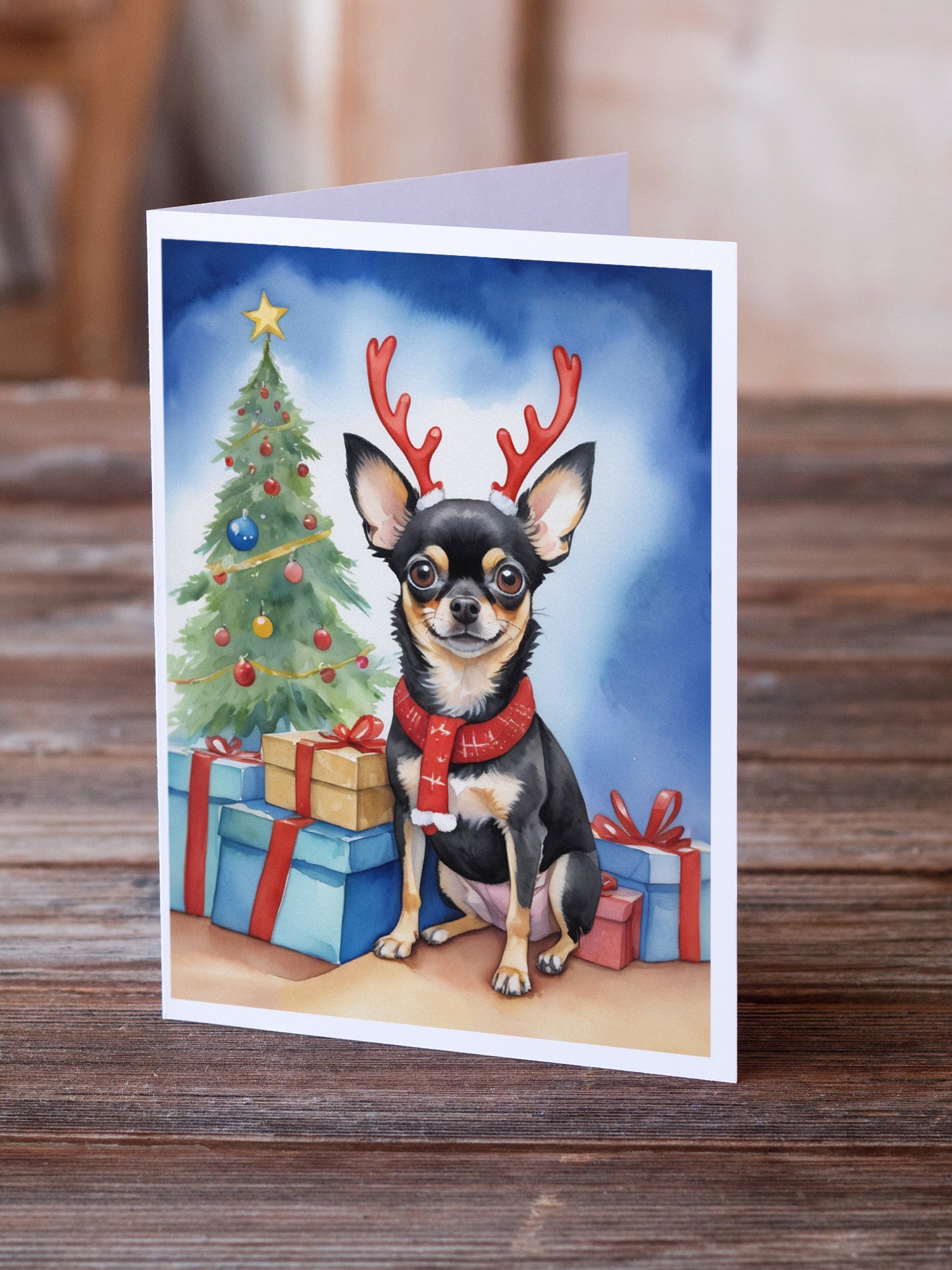 Buy this Black and Tan Chihuahua Christmas Reindeer Greeting Cards Pack of 8