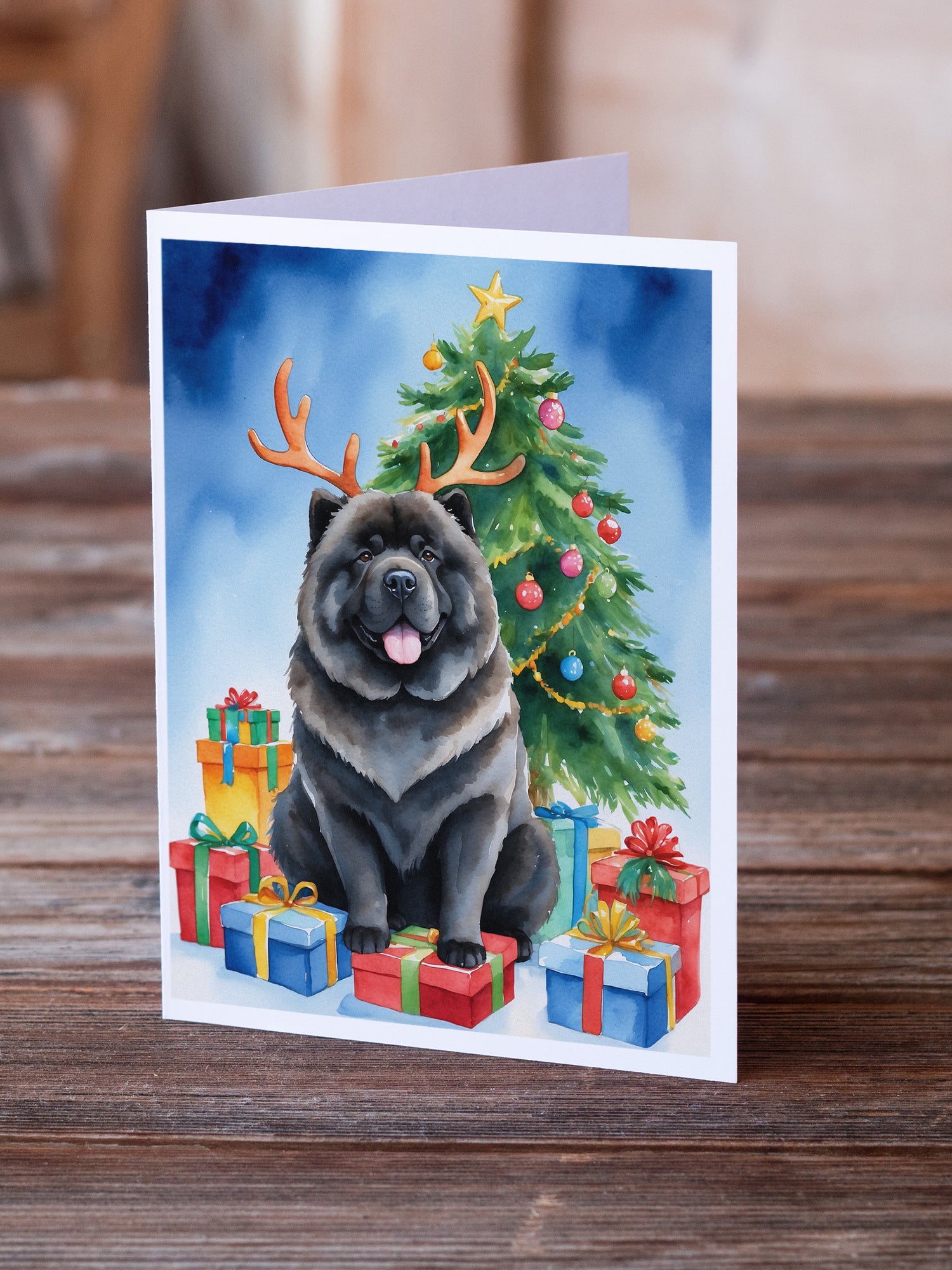 Buy this Black Chow Chow Christmas Reindeer Greeting Cards Pack of 8